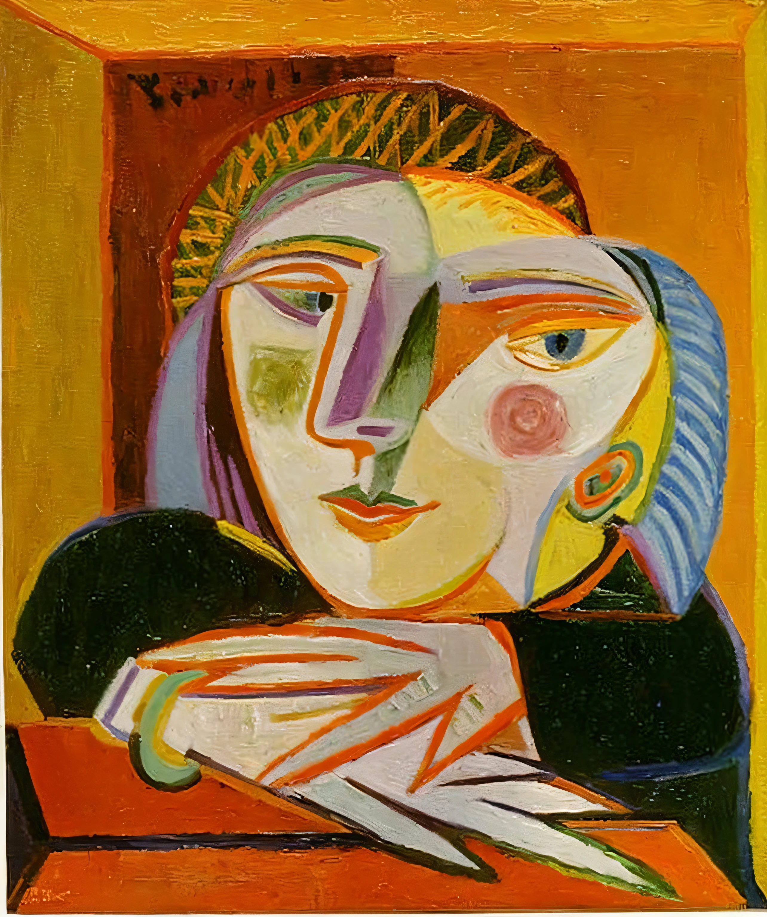 a painting of a woman with a knife in her hand, by Picasso, by Pablo Picasso, pablo picasso painting, cubist picasso, style of picasso, similar aesthetics to picasso, pablo picasso. graffiti art, inspired by Pablo Picasso, picasso style, in the style dora maar, portrait of a woman's face, portrait”, face portrait of a woman, painted on a canvas cloth with fine brush movements up and down