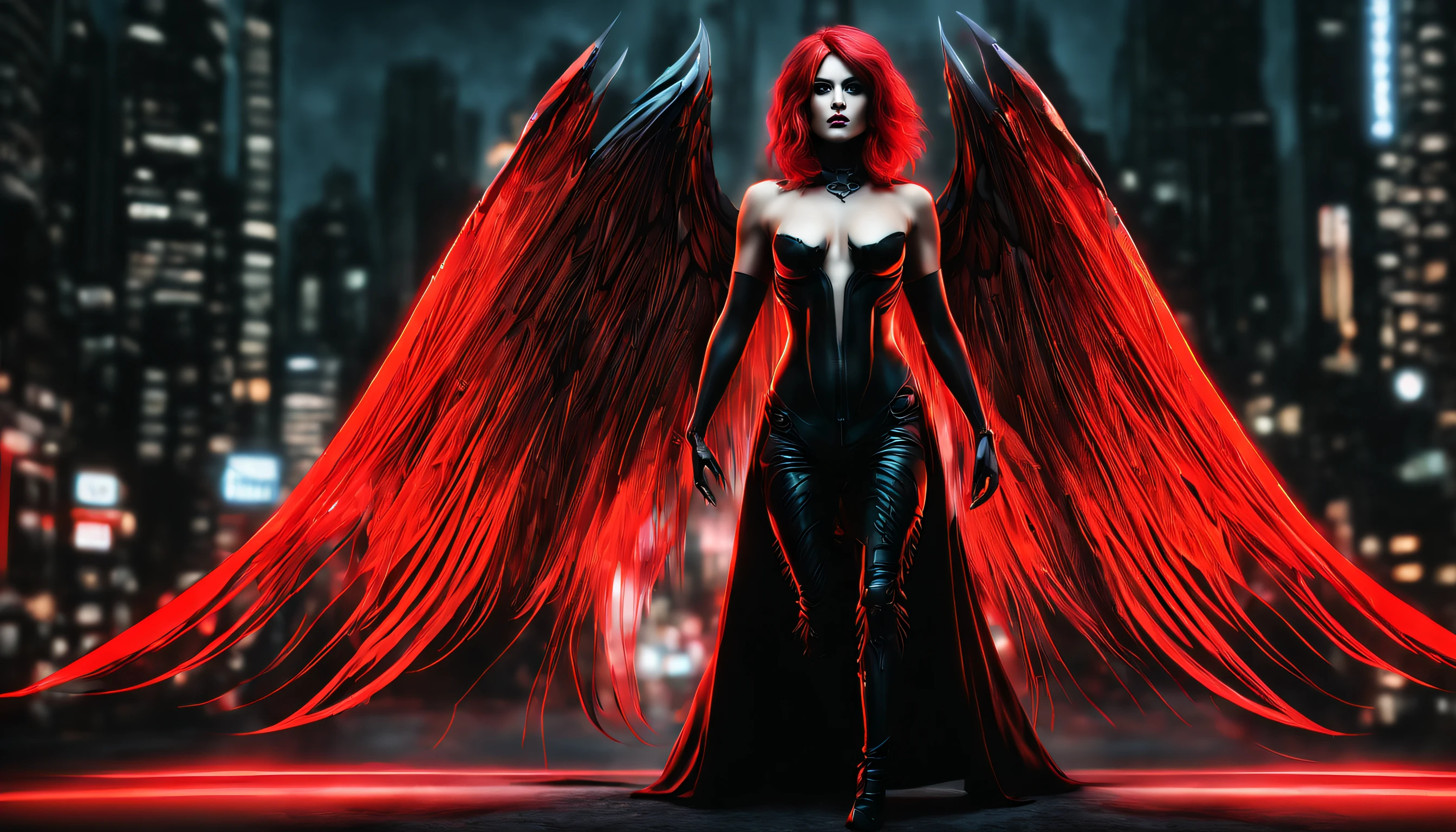 Ultra-detailed shot of an attractive and provocative evil fallen woman in black and red tattooed sexy with cybernetic wings, gransonrisa cruel, Sosteniendo un arma, ((cuerpo completo:1.2)) Parece loca, Pelo largo y pelirrojo en movimiento, Action and pose, Cybernetic prostheses available, Una cicatriz profunda, Pose atractiva y provocativa, (((peinado bob medio afeitado))) Ultra-futuristic city with neon lights, colores muy brillantes, fotografiado por MSchiffer, renderizado 3D Realista, (high saturation:1.3) colores contrastantes, noche lluviosa