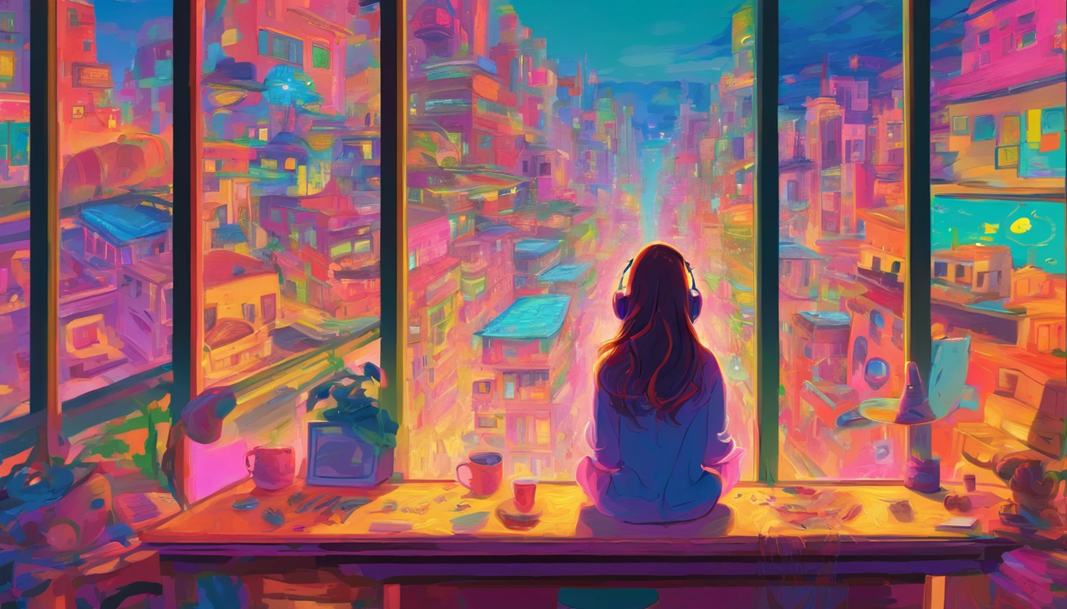 portlate、512、lo fi、Girl in headphones sitting on a chair、Take a nap at your desk、Eyes closed、City view outside the window、early evening、PastelColors、Painting