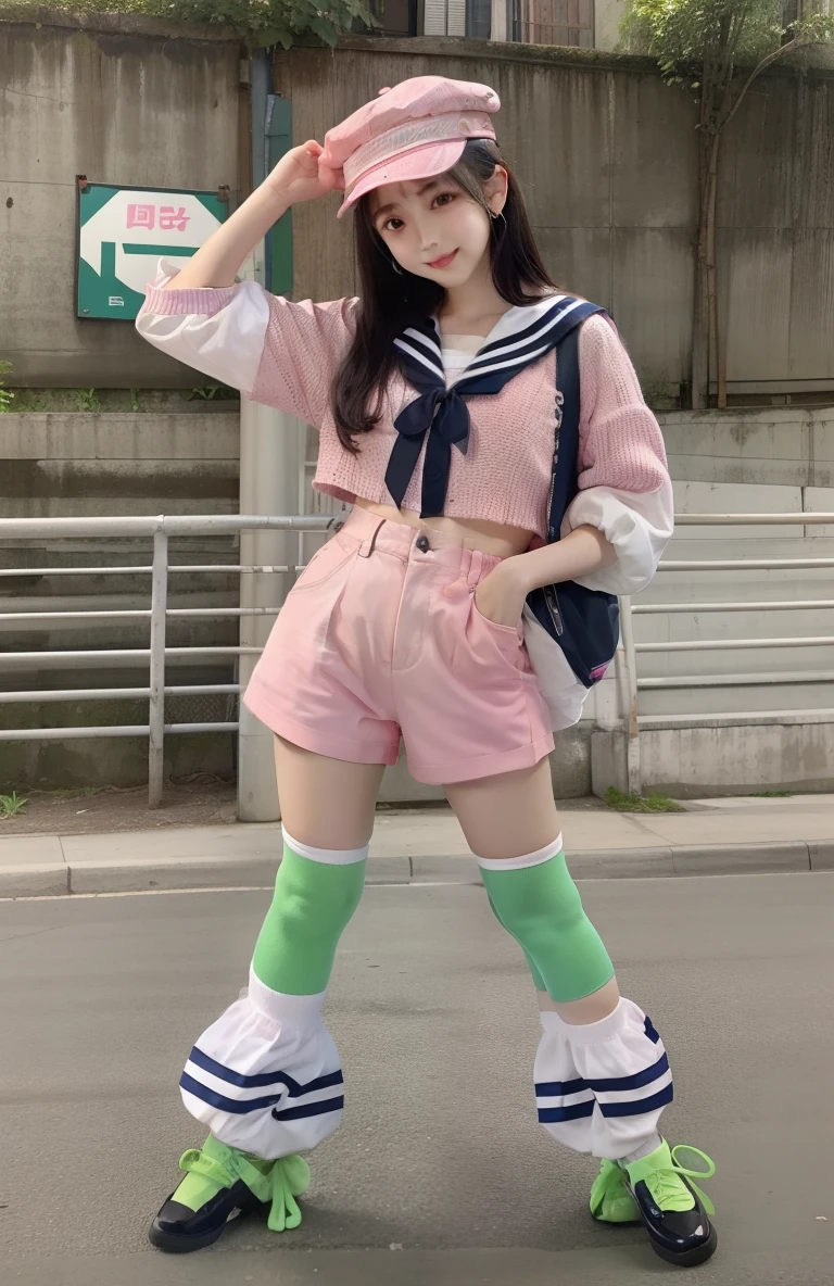 teens girl、Good Style、Fluorescent pink hat,,,、Sailor Suit Tops、Idol face、bulging chest、、Polka Dot Red Shorts、Green Socks