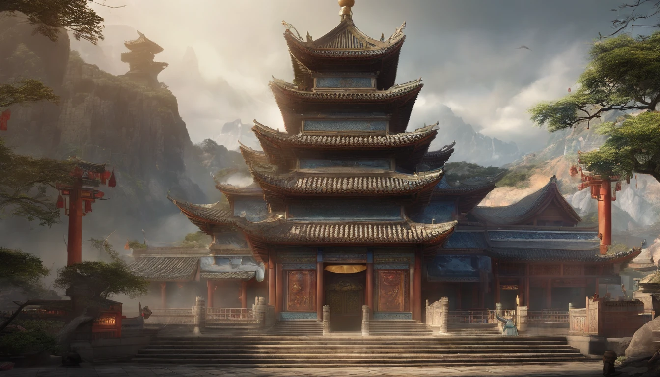 There is a picture of a Chinese-style castle building,There is a dragon on it, 2d game environment design, legend of korra setting, movie environment design, detailed set design, cyberpunk chinese ancient castle, video game environment design, Warcraft Building, game environment design, fortress gateway, Beautiful rendering of the Tang Dynasty, castles and temple details, amusement park interior design, Ancient Chinese architecture