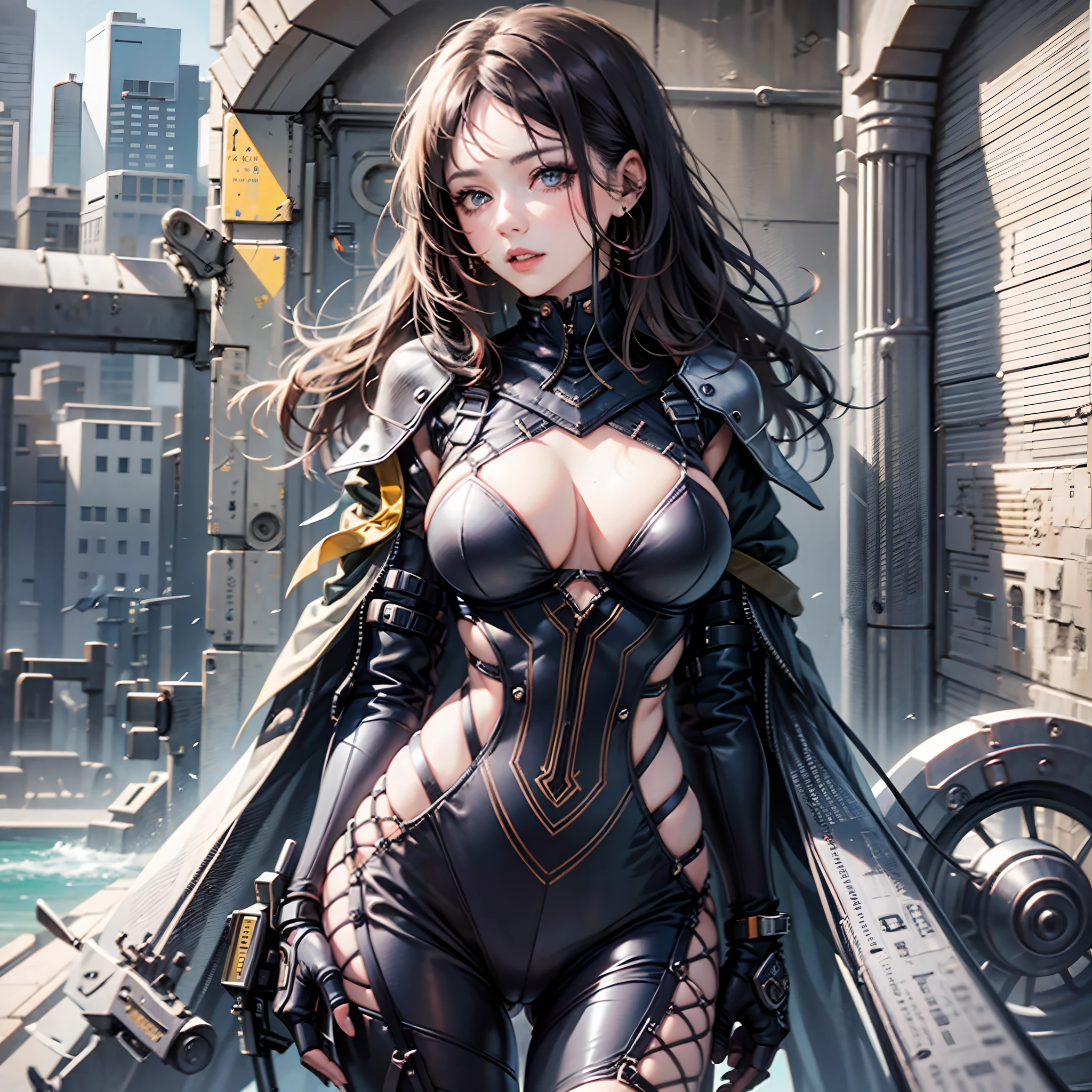 a girl with a tight suit, deep cleavage --auto --s2