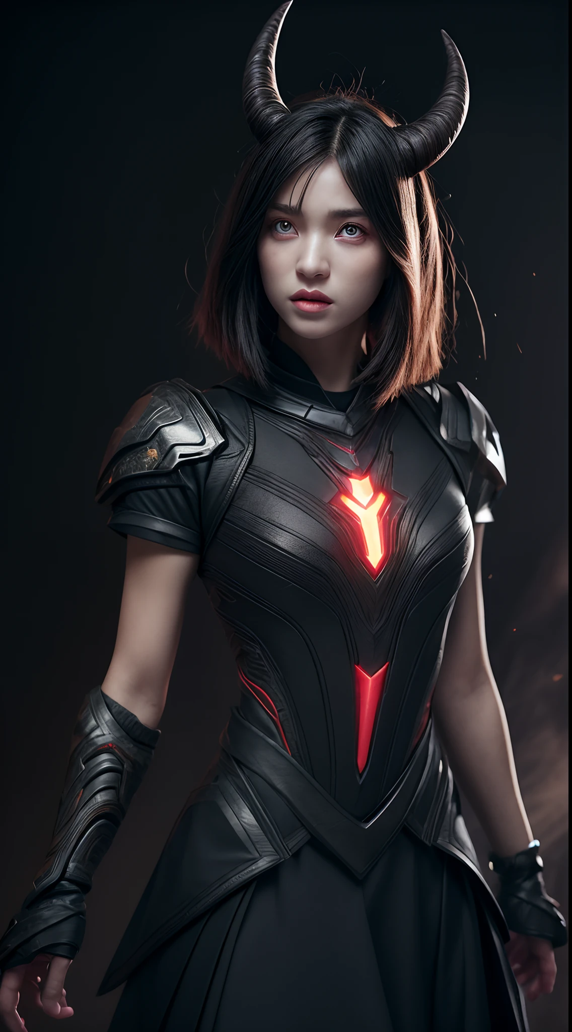A girl, quadratic element,style of shonen anime artwork,The proportions are correct,Face details,highly detailed eyes,hairstyle,Neck details,clothes details,getting ready to fight,short sleeves,Game quality,Light and shadow tracking,Ray traching,detailed glow,cg render,(juvenile sense),Clothing is complicated, Perfectcomposition,Refinement,high qulity,higher details,Lots of details, dark planet in the background, The background is complex, a sense of atmosphere, ((anime))((colorful)), 8k, ((masterpiece)), HDR, highly detailed, vaines poping out, professiona,cloudstick, a dark god like being, horns, red eyes, flying in on a dark planet