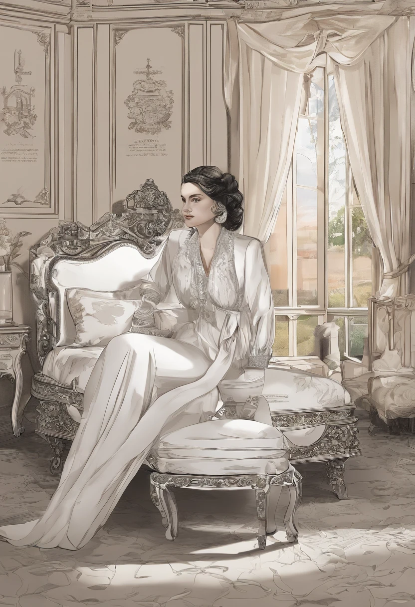Alafi sat in a chair in the room，There are a lot of shoes on the floor, Black hair, Black dress, Sitting in a French apartment, sitting in her room, Paris hotel style, sitting in bedroom, Sit across the room, author：Emma Andievska, in her room, Sit at Louis XIV's desk, author：Lucette Barker, summer morning, Sitting on the bed