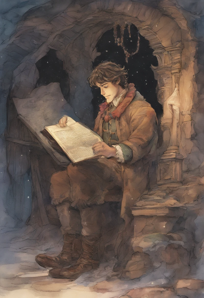 man reading a poster and smiling curiously, has dark messy hair, has his head down while reading, wears winter attire, pixar animation style, watercolor, art season trend, sharp focus, studio photo, intricate details, highly detailed by greg rutkowski, next to him there is a woman watching him reading