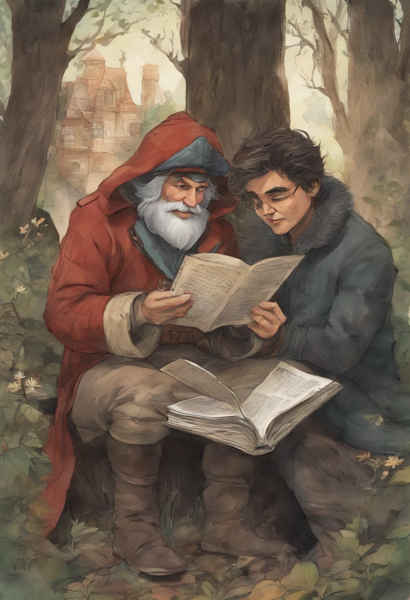 man reading a poster and smiling curiously, has dark messy hair, has his head down while reading, wears winter attire, pixar animation style, watercolor, art season trend, sharp focus, studio photo, intricate details, highly detailed by greg rutkowski, next to him there is a woman watching him reading