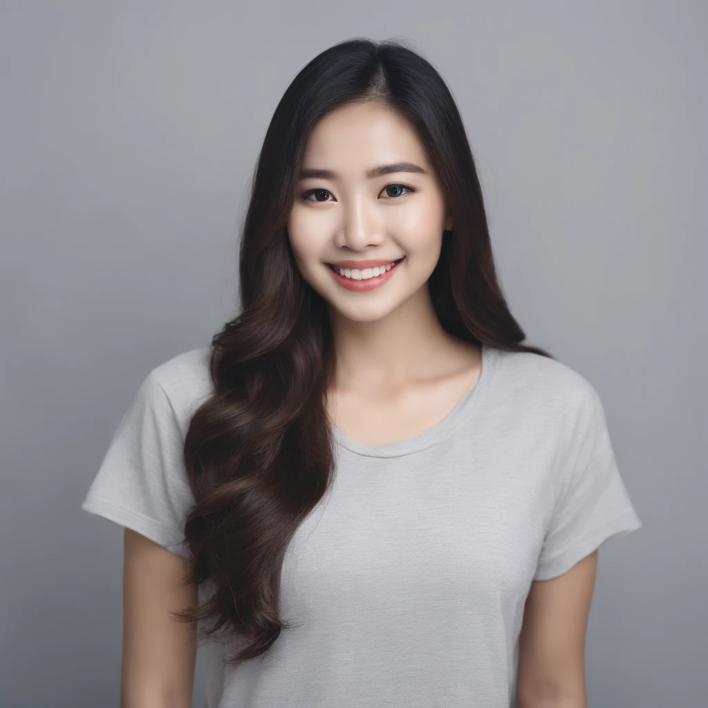 (Photo: 1.3) af (Real: 1.3), East Asian woman, soft light, clear face, front, ((white T-shirt)), cheerful, warm light, ((gray white gradient background)), smile, ( (Single color background)). ((gray wall background)) avatar, (fashion hairstyle), beautiful, young, long hair, ((close-up))