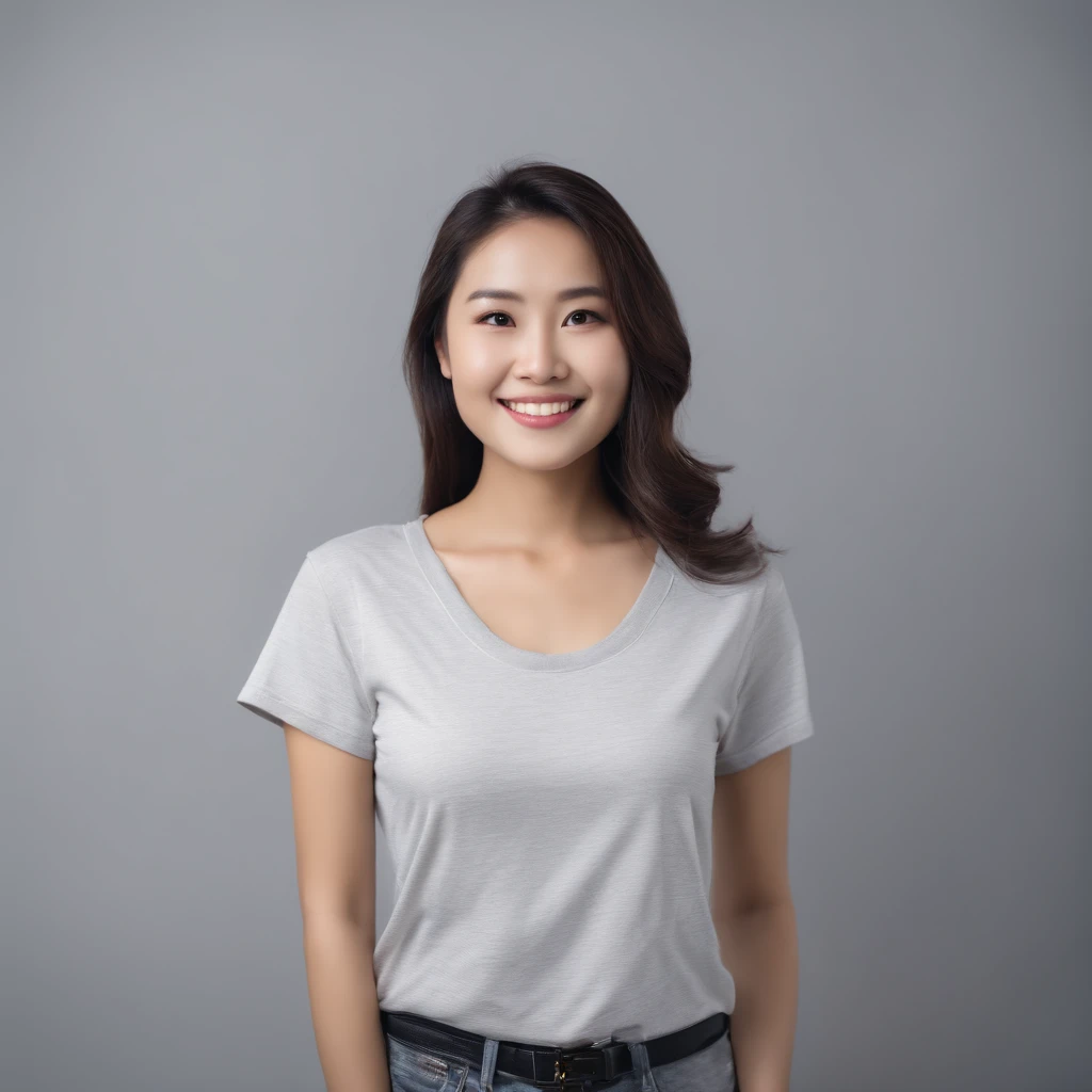 (Photo: 1.3) af (Real: 1.3), East Asian woman, soft light, clear face, front, ((white T-shirt)), cheerful, warm light, ((gray white gradient background)), smile, ( (Single color background)). ((gray wall background)) avatar, (fashion hairstyle), beautiful, young, long hair, ((close-up))