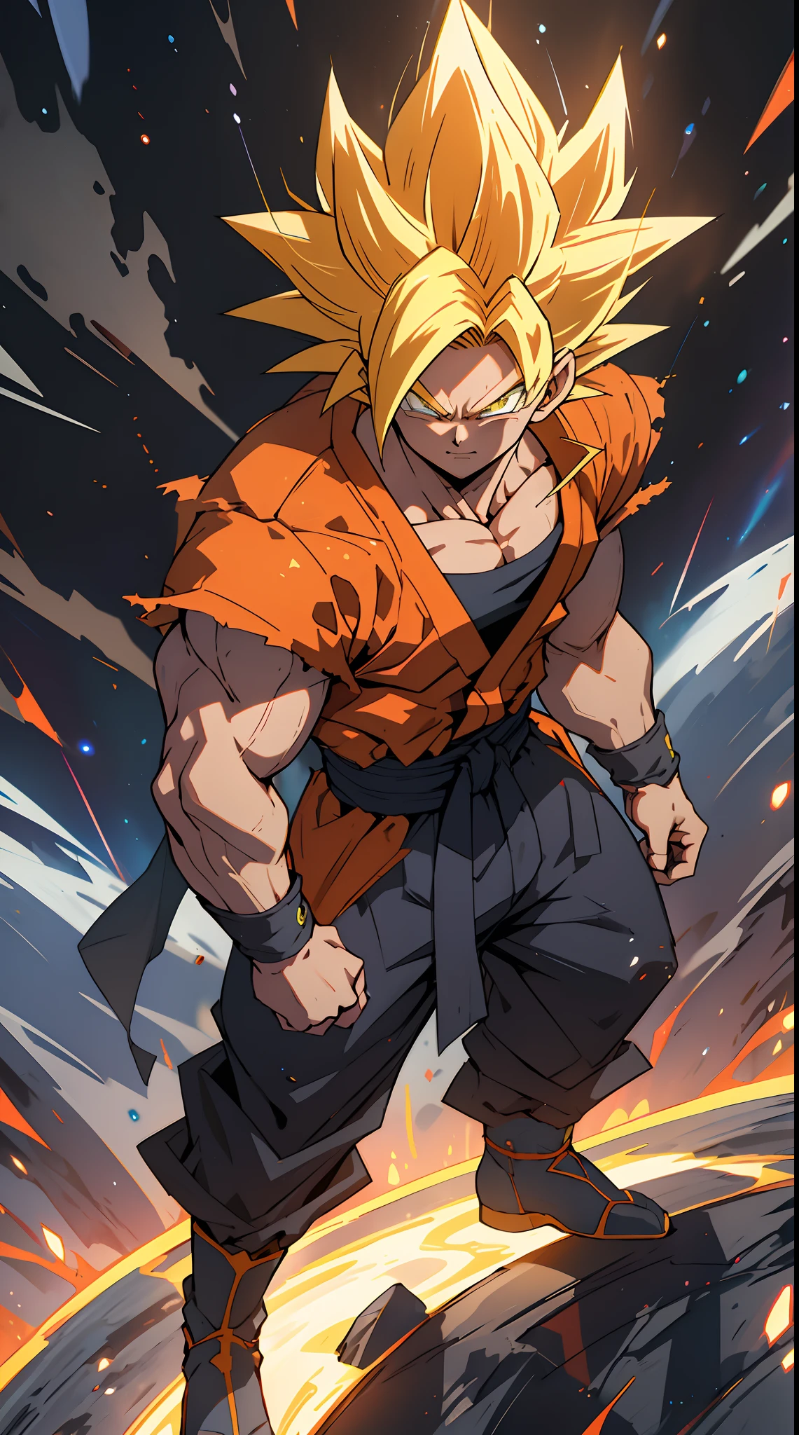 quadratic element,style of shonen anime artwork,son goku ,The proportions are correct,Face details,highly detailed eyes,hairstyle,Neck details,clothes details,getting ready to fight,short sleeves,Game quality,Light and shadow tracking,Ray traching,detailed glow,cg render,hair detail,Handsome,Handsome,（juvenile sense）,Clothing is complicated, Perfectcomposition,Refinement,high qulity,higher details,Lots of details, dark planet in the background, The background is complex, a sense of atmosphere, happy looking, ((anime))((colorful)), 8k, ((masterpiece)), HDR, highly detailed, vaines poping out, professiona,cloudstick,goku,super saiyan, full body artwork, on a dark planet, (yellow hair:1.2)