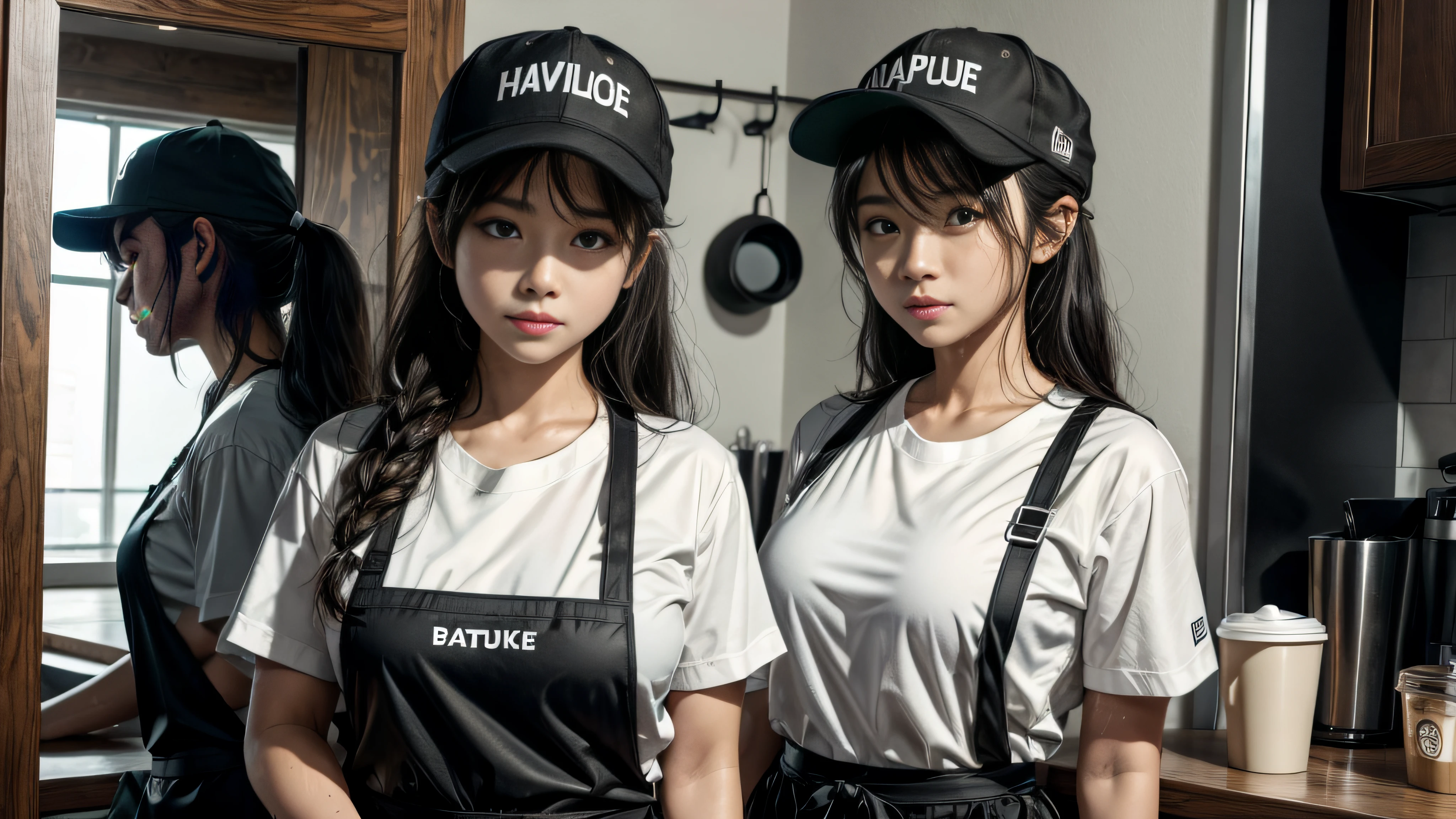 A girl in a black Starbucks uniform makes coffee,in a white shirt,(The palm does not appear 1.5),Wearing a baseball cap on his head,Clothes and skin are soaked all over,(wetclothes:1.8),Reflective skin,Sweaty skin,high high quality、tmasterpiece、Hyper-Resolution、barechested、NAKED Apron、wearing apron、Half-body mirror,
