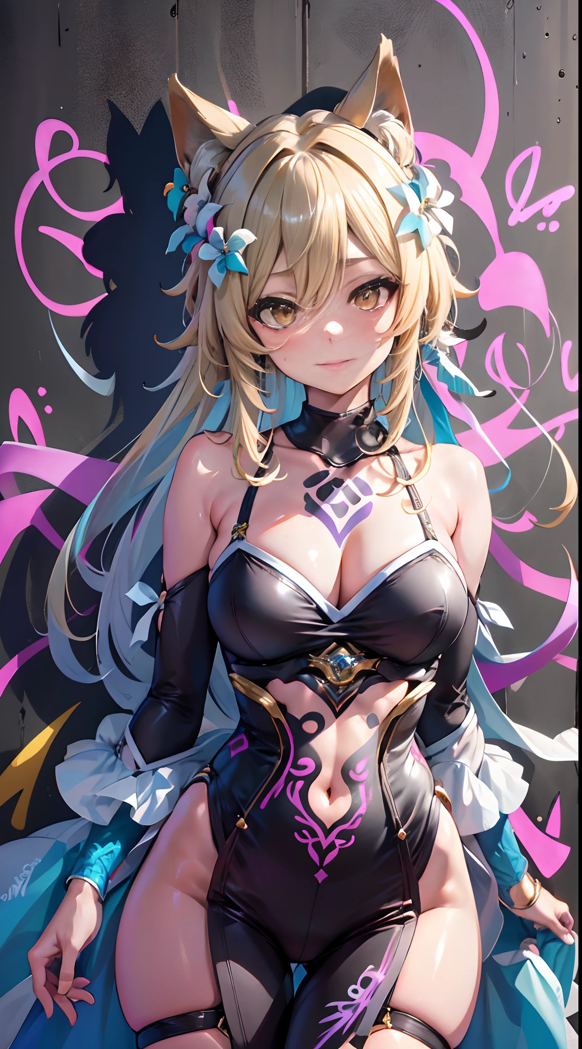 Lumine | genshin impact, master-piece, bestquality, 1girls,25 years old, proportional body, proportional., Wedding Dresses, White Wedding Dress, wedding, mediuml breasts, ,bara, choker, (Graffiti:1.5), Splash with purple lightning pattern., arm behind back, against wall, View viewers from the front., Thigh strap, Head tilt, bored, 10, 10, HD, slight smile,