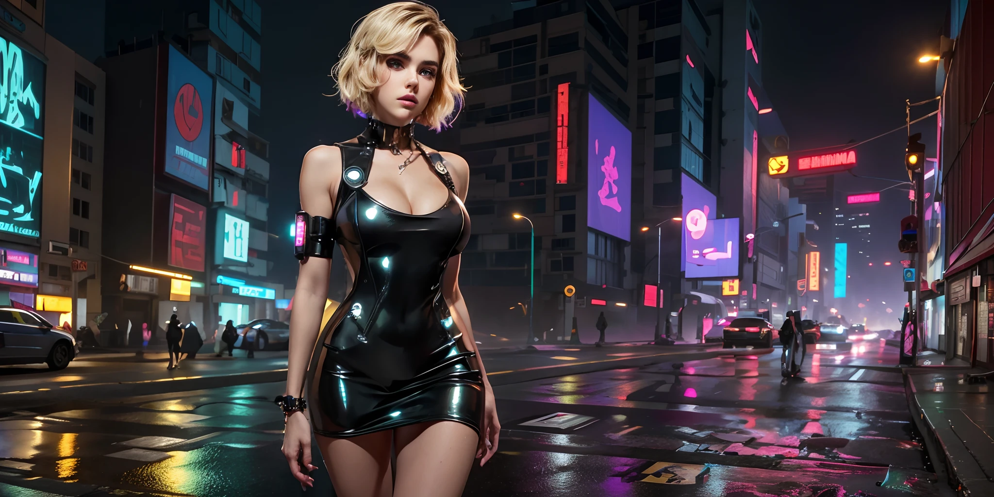 Kiernan Shipka with short blonde hair in a short dress and black latex neckline standing on a wet street, seios grandes, cintura fina, coxas grossas, em cyberpunk city, em uma cidade cyberpunk, no estilo cyberpunk, Foto cyberpunk, Cyberpunk shiny latex short dress, cyberpunk em uma cidade cyberpunk, Cyberpunk feminino loira, in a cyberpunk setting, em uma cidade cyberpunk, em uma cidade cyberpunk, Cyberpunk, Garota cyberpunk, em uma Cidade Cyberpunk Futurista