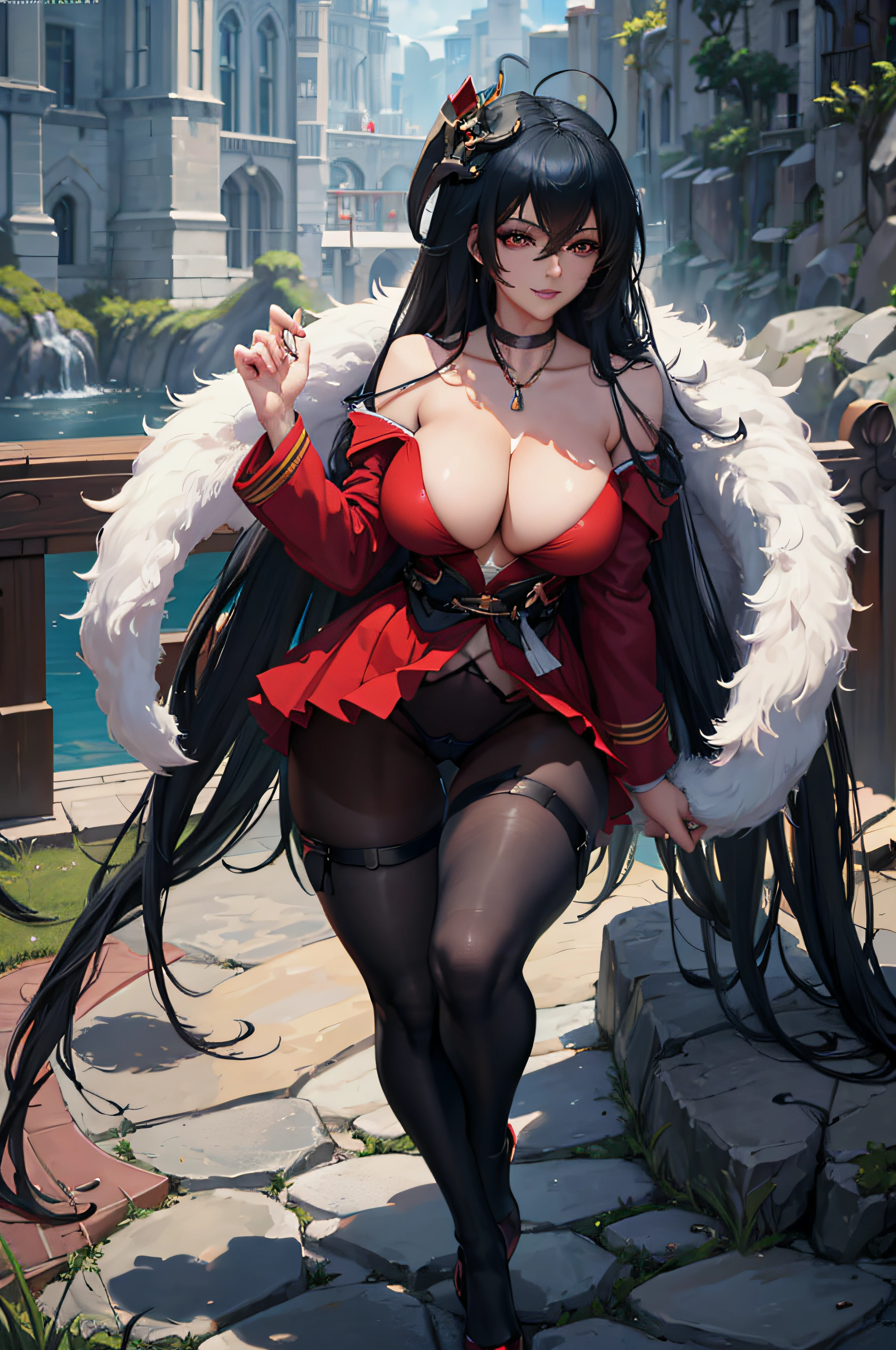 taihou; anime girl in black lingerie and black stockings, and black militar cap, opening her long jacket; long jacket; black and red jacket; open jacket; black lingerie; black stockings; black pantyhose; black hat; militar cap; black shoes; smile; smiling; cheerful facial expression; older females; mature women; long platinium hair; earings; thin necklace; large breasts; perfect breasts; cleavage; shaped thighs; morning light; sunlight; ethereal; looking down at viewer; seductive anime girls; seductive look; sexy pose; full body; (full body shot:1.1); beautiful detailed eyes; beautiful detailed girl; curvy:1.1; dynamic pose; perfect eyes; perfect face; perfect retina; perfect hands; perfect fingers; perfect feet; perfect toes; ultra detail face; ultra detail hair; very detailed eyes and face; ambient occlusion; cinematic lighting; field of view; fluid motion; harmony; interconnected elements; movie lighting; photorealistic lighting; realistic shadows; (vibrant colors:1.05); vivid lighting; warm and cool color palette; amazing; solo; trending on artstation pixiv; 8k wallpaper; best quality; CG; detailed painting; fine detail; (High Quality:1.4); high resolution; huge file size; illustration; Intricate Details; masterpiece; (photorealistic:1.4); professional artwork; (raw photo:1.2); reflective art; sharp focus; super detailed; unified; very detailed; extremely detailed artgerm; (nsfw) Not Safe For Work; from Azur Lane; Azur Lane Style;