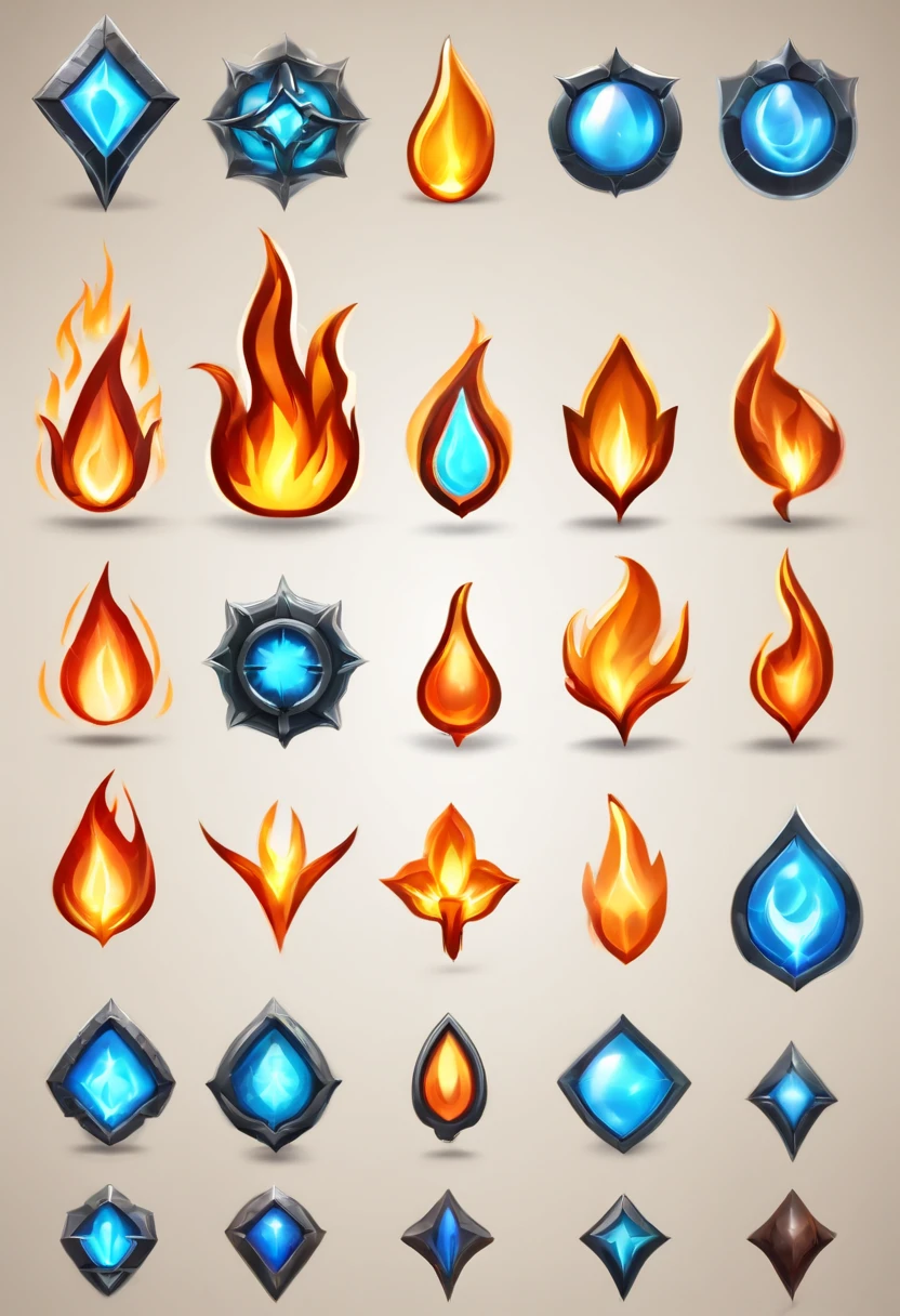 A set of flame icons for the game, game icon asset, fantasy game spell symbol, game icon stylized, gameicon, fantasy game spell icon, flame stones are scattered, holy fire spell art, Fantasy elements, league of legends arcane, Magical elements, fantasy game art style, Magic Flame, blue fire powers