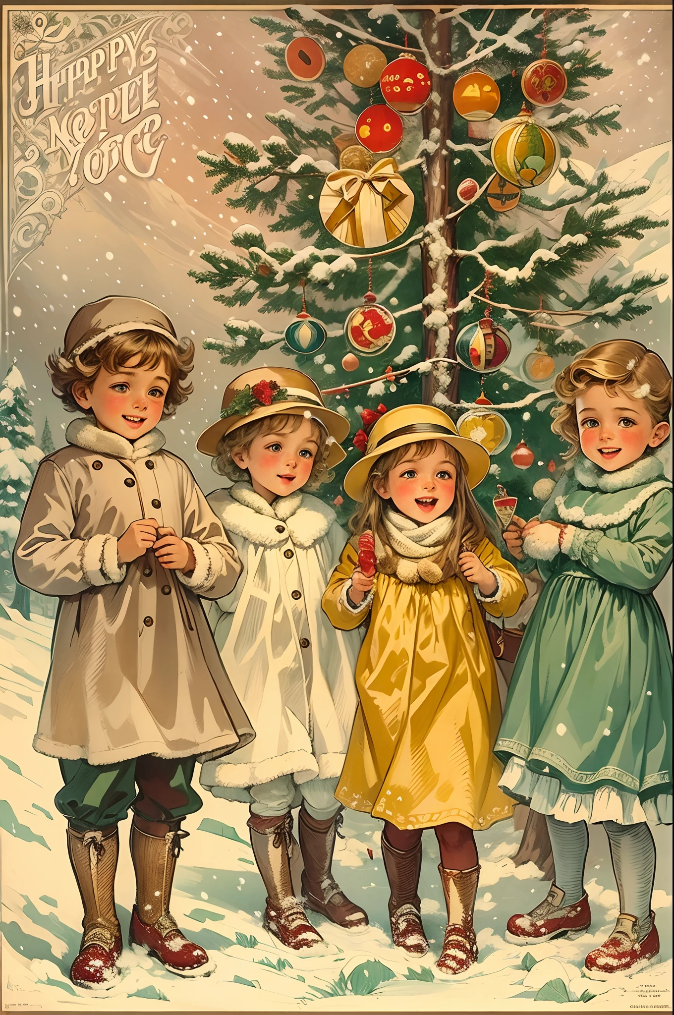 children, vintage poster, Age 1910, New Year, a tree, garland, snowing, holiday, happiness