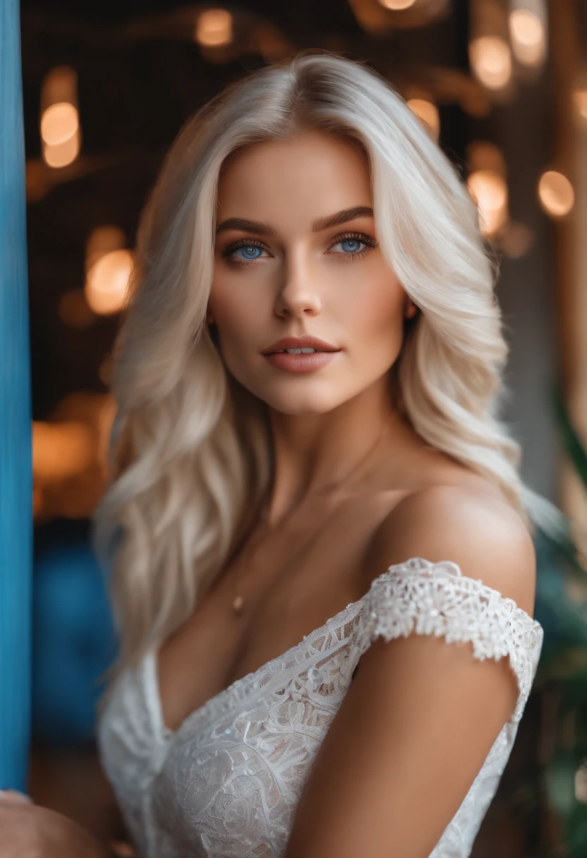 Realistic white female Instagram influencer, Best quality, Blonde, 1 girl, Blue eyes, White tight skirt
