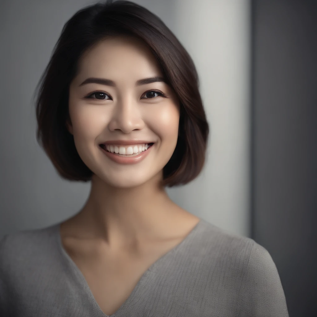 (photo: 1.3) af (realistic: 1.3), Asian woman, soft light, clear face, happy, cheerful, smiling, warm light, ((gray-white gradient background)), (background)). ((gray wall background)) avatar, (long or short hair), smile, handsome, young,, short hair, smile, ((close-up))
