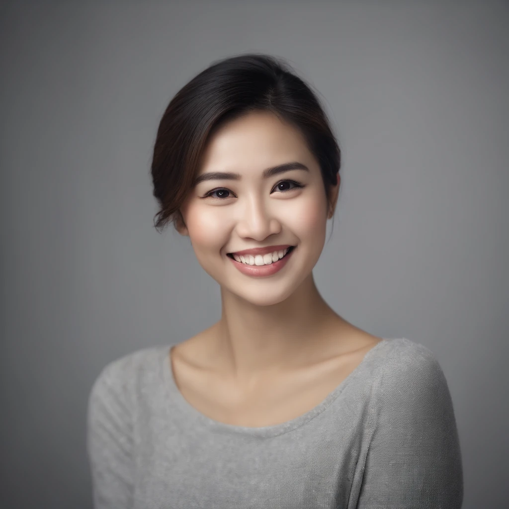 (photo: 1.3) af (realistic: 1.3), Asian woman, soft light, clear face, happy, cheerful, smiling, warm light, ((gray-white gradient background)), (background)). ((gray wall background)) avatar, (long or short hair), smile, handsome, young,, short hair, smile, ((close-up))