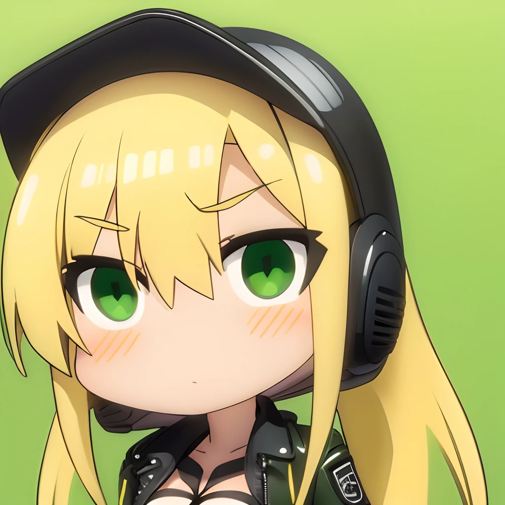 1girll, Solo, face, Portrait, Long hair, pony tails, Blonde hair, Green eyes, Large breasts, (Black leather jacket:1.2) , cleavage, school, Blushing, looking at viewert,