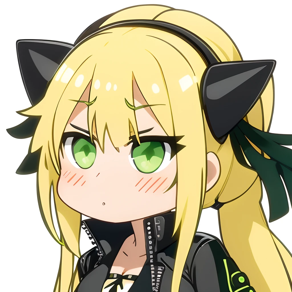 1girll, Solo, face, Portrait, Long hair, pony tails, Blonde hair, Green eyes, Large breasts, (Black leather jacket:1.2) , cleavage, school, Blushing, looking at viewert,