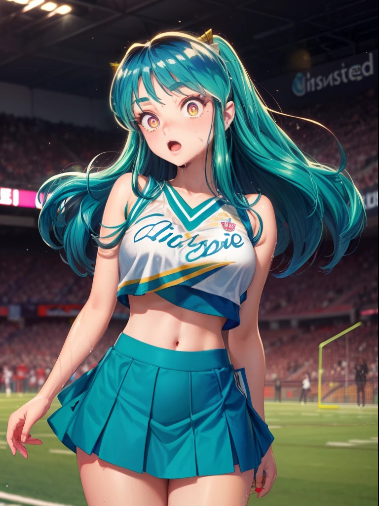 Lum invadeer, Detailed, Anime,(Red: 1.2), (Ripped clothes: 1.5) (Cheerleader Uniform: 1.2), masutepiece, Best Quality, Open mouth, tusk, Ultra-detailed, Yellow eyes, Pretty eyes, Detailed face, Pretty girl, Bigchest, Blushing, (Wet: 1.2), breasts, areolae slip, (Missionary position:1.2), (Nipple: 1.2), (On a football field full of people: 1.2), (Heart shaped pupils: 1.5)