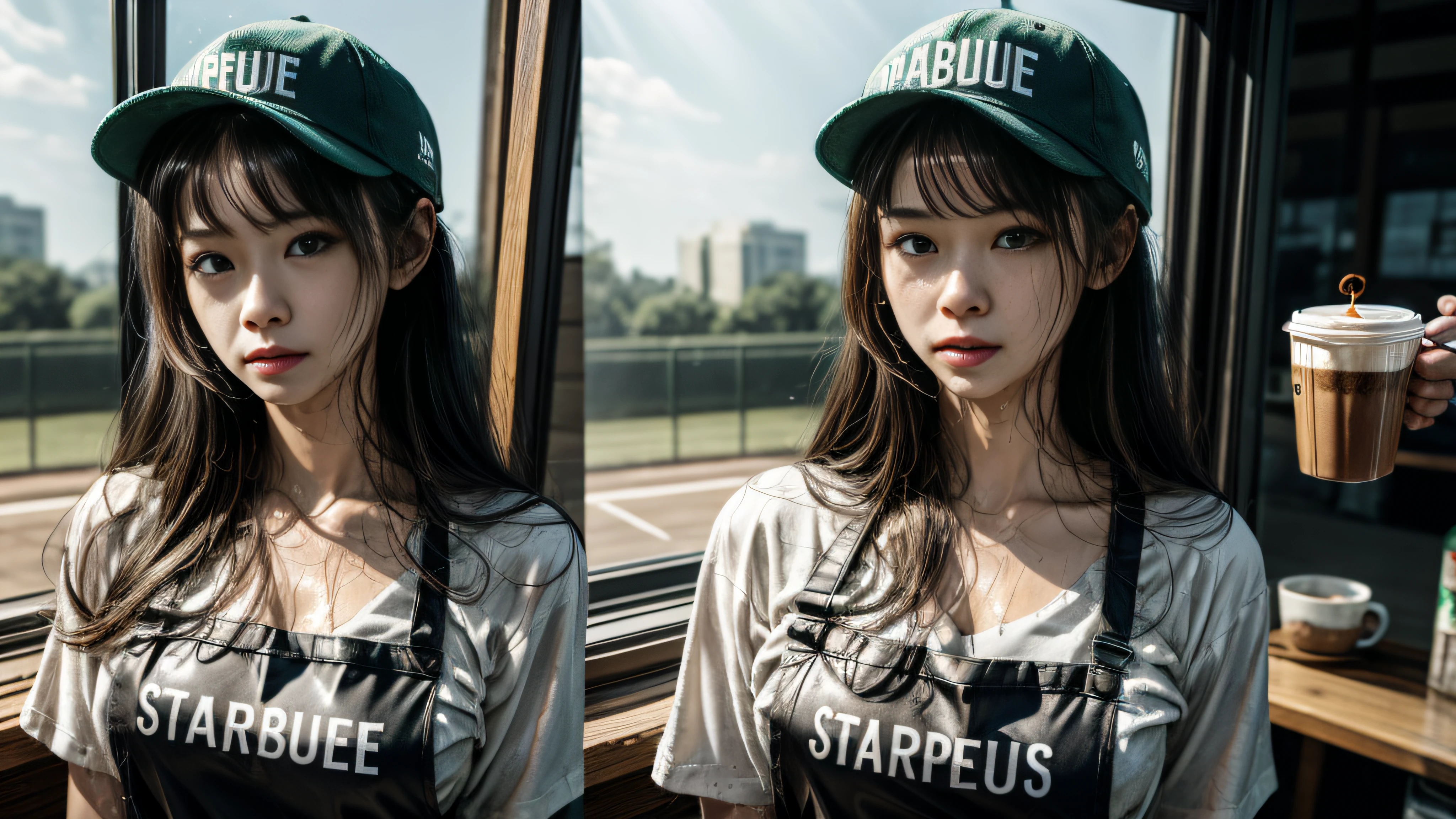 A girl in a Starbucks uniform makes coffee,White slim-fit shirt,(The palm does not appear 1.8),Wearing a baseball cap on his head,Clothes and skin are soaked all over,(wetclothes:1.9),Reflective skin,Sweaty skin,high high quality、tmasterpiece、Hyper-Resolution、barechested、NAKED Apron、wearing apron、Bust photo、