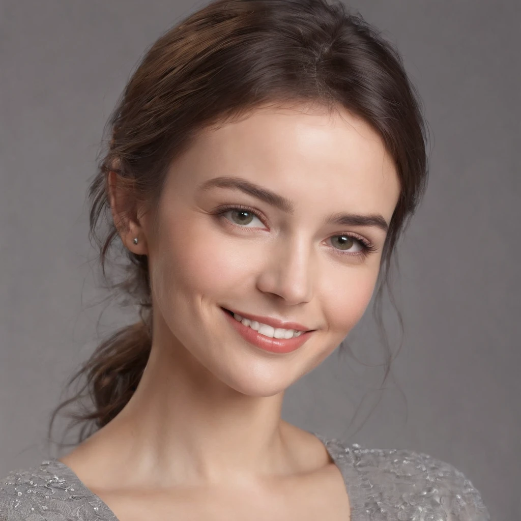 (photo: 1.3) af (realistic: 1.3), Caucasian woman, soft light, clear face, happy, cheerful, smiling, warm light, ((gray-white gradient background)), (background)). ((gray wall background)) avatar, (long or short hair), smile, handsome, young,, short hair, smile, ((close-up))