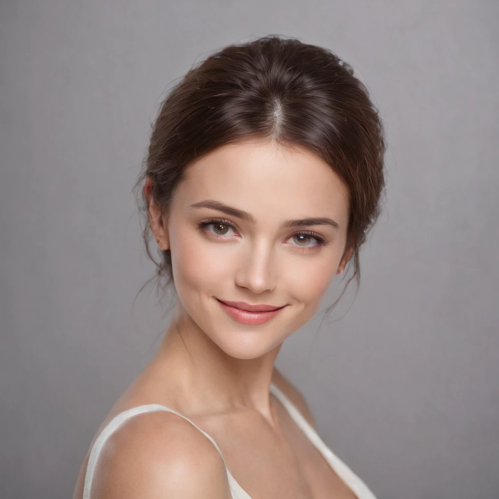 (photo: 1.3) af (realistic: 1.3), Caucasian woman, soft light, clear face, happy, cheerful, smiling, warm light, ((gray-white gradient background)), (background)). ((gray wall background)) avatar, (long or short hair), smile, handsome, young,, short hair, smile, ((close-up))