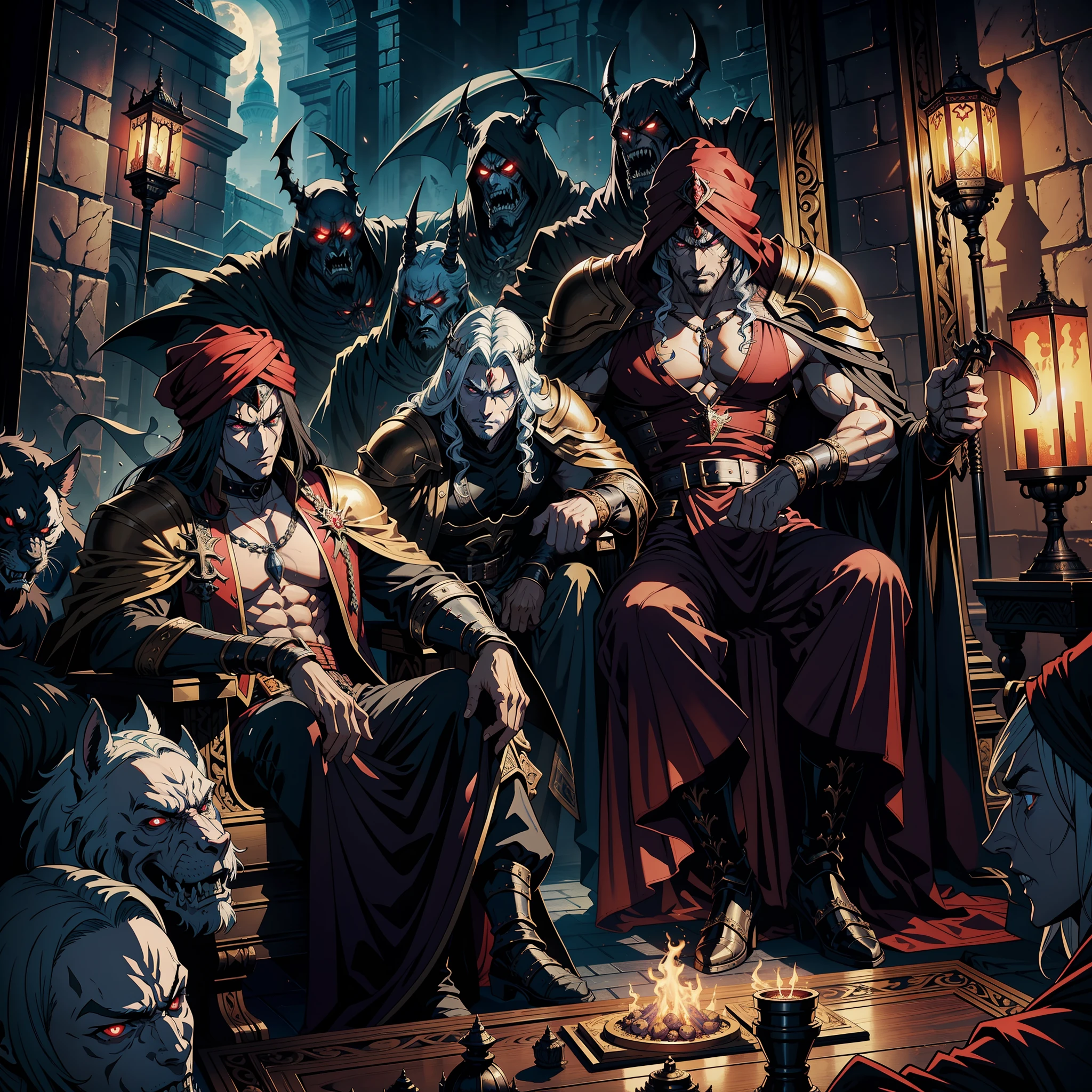 Castlevania Hyper Realistic Shadow Lord Super Detailed Dynamic Shot Master Piece of Lord Dracula Medieval Arab Warrior with Red Turban Scary Face Hokuto No Ken Structure Muscular Face Kenshiro sitting in his legendary Moroccan throne surrounded by demons and 3 scary demons Speaking of old rolls Cinematic Scenes Epic Movie Hyper Realistic Movie Legendary Movie Epic Movie Epic Movie Epic Movie Epic Movie Epic Movie Epic Movie Epic Movie Epic Movie Epic Movie Epic Movie Epic Movie Epic Movie Epic Movie Epic Movie Epic Movie Epic Enlarged 3D View Lower Angle