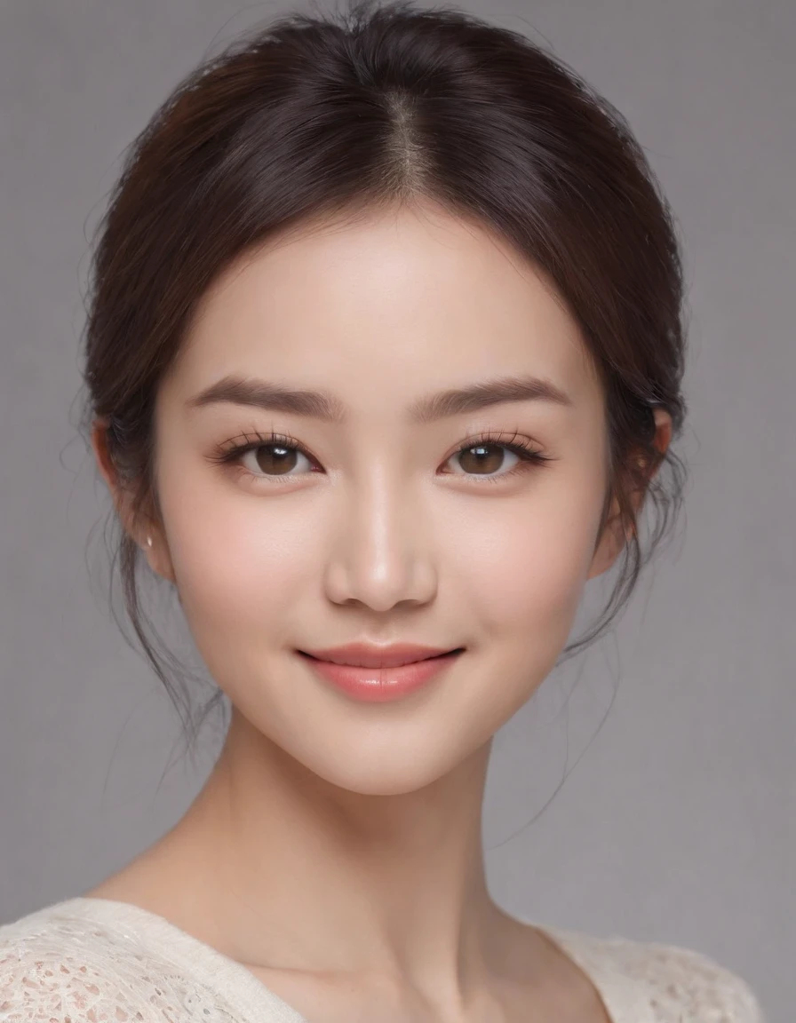 (photo: 1.3) af (realistic: 1.3), East Asian woman, soft light, clear face, happy, cheerful, smiling, warm light, ((gray-white gradient background)), (background)). ((gray wall background))) avatar, (long or short hair), smile, handsome, young,, short hair, smile, ((close-up))