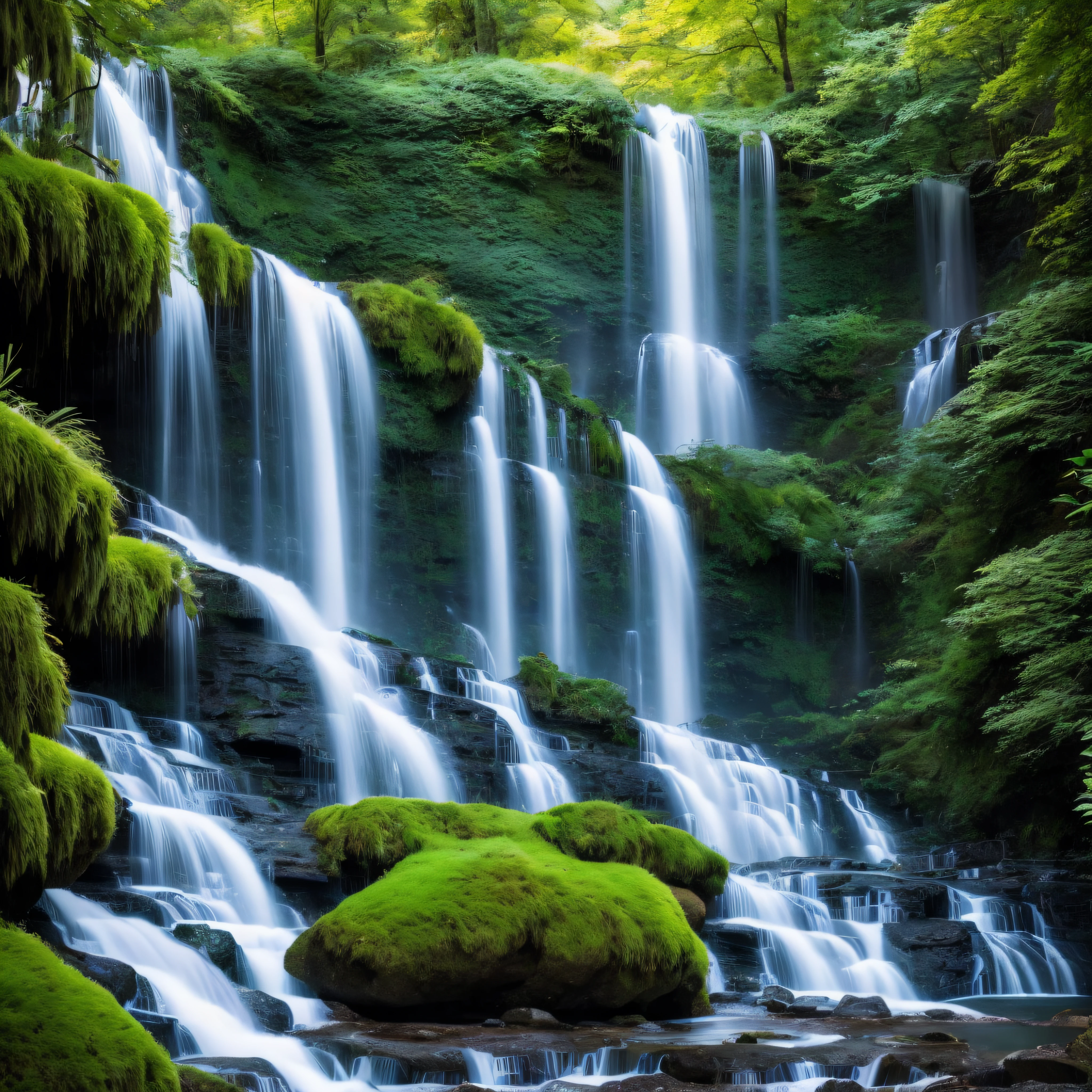 Waterfall is a four-adventurer、Nature Fantasy、landscapes、Convey fairy green, Golden ratio, Animation details, Delicate, Quixel MegaScan Trends, image perfect, 超A high resolution, Perfect composition, Detailed, Super Color, (High Detail Skin: 1.2), 8K Ultra High Definition, dslr camera, Soft lighting, High quality, Film grain, FUJI XT3 --auto