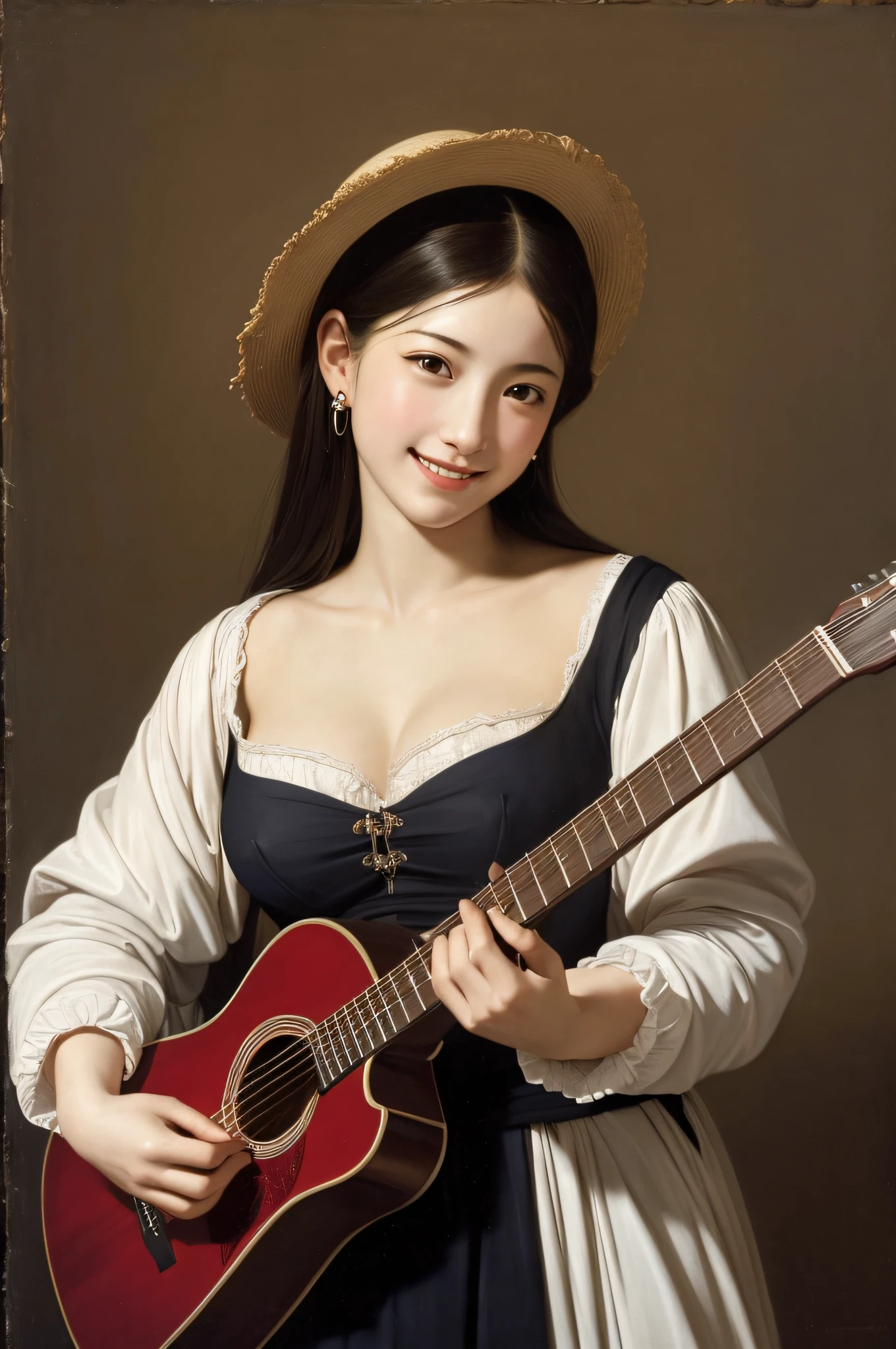 femele,Pure smile, Caravaggio paintings,Guitar Playing,Big breasts