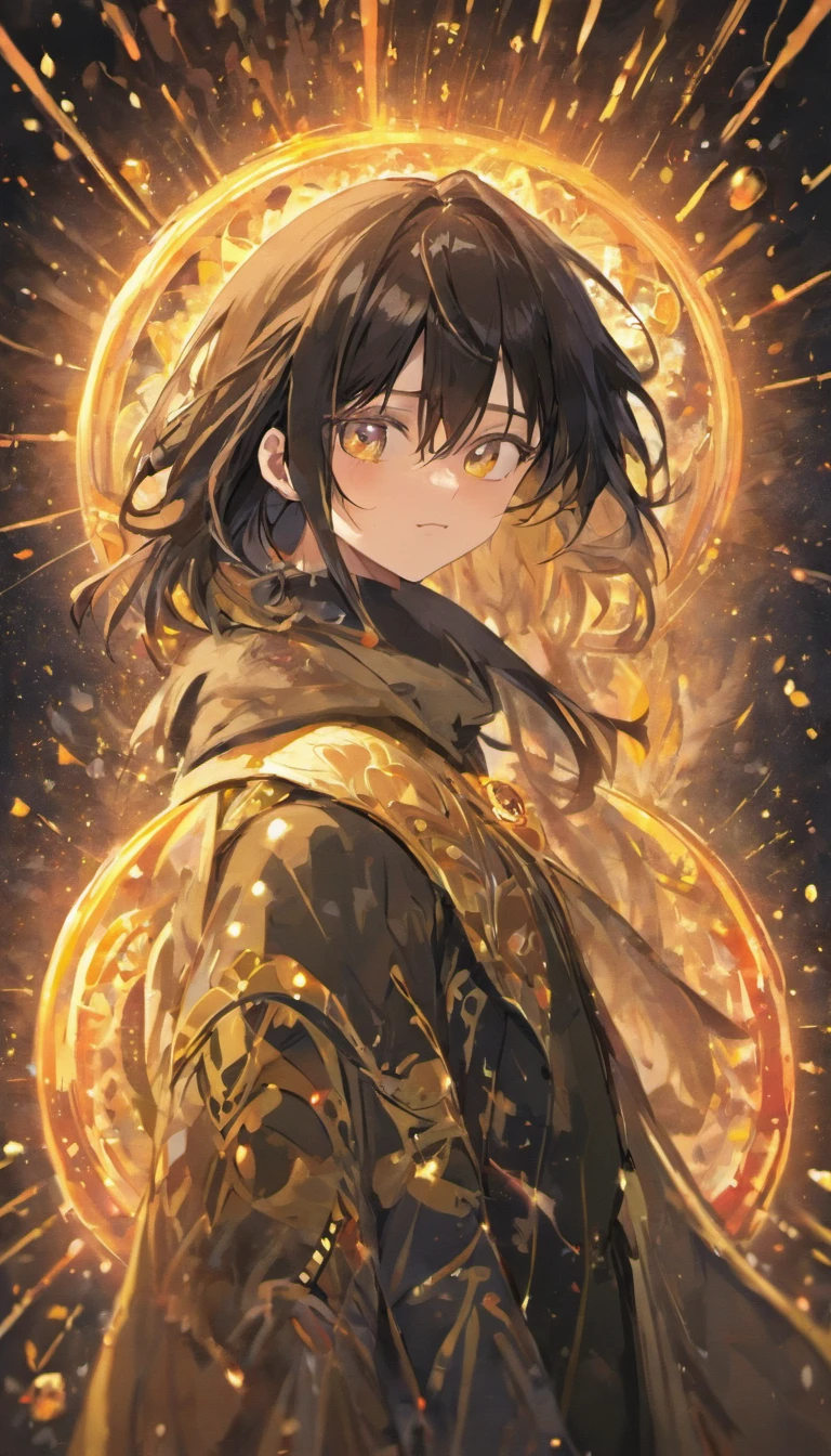 A painting that represents the essence of magic in your world, Black hair is exposed, Sparkling golden-eyed protagonist,There is a mysterious black mark on the neck,Immerse yourself in a series of magical fire energy, Glowing particles dance around him,Mysterious symbols form in the air