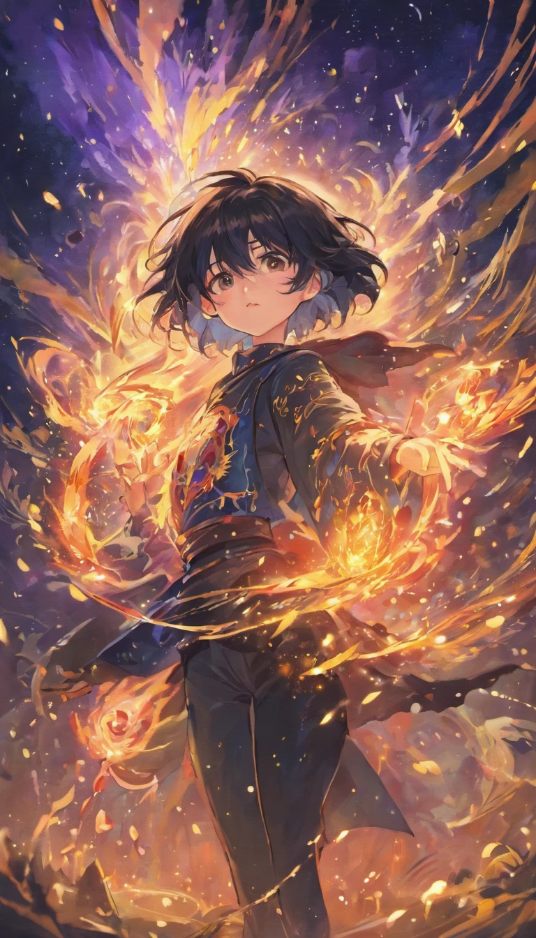 A painting that represents the essence of magic in your world, Black hair is exposed, Sparkling golden-eyed protagonist，There is a mysterious black mark on the neck，Immerse yourself in a series of magical fire energy, Glowing particles dance around him，Mysterious symbols form in the air