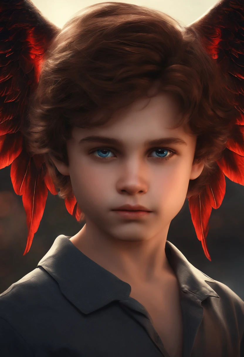 a boy original face realistic background with devil wings angle sine in head