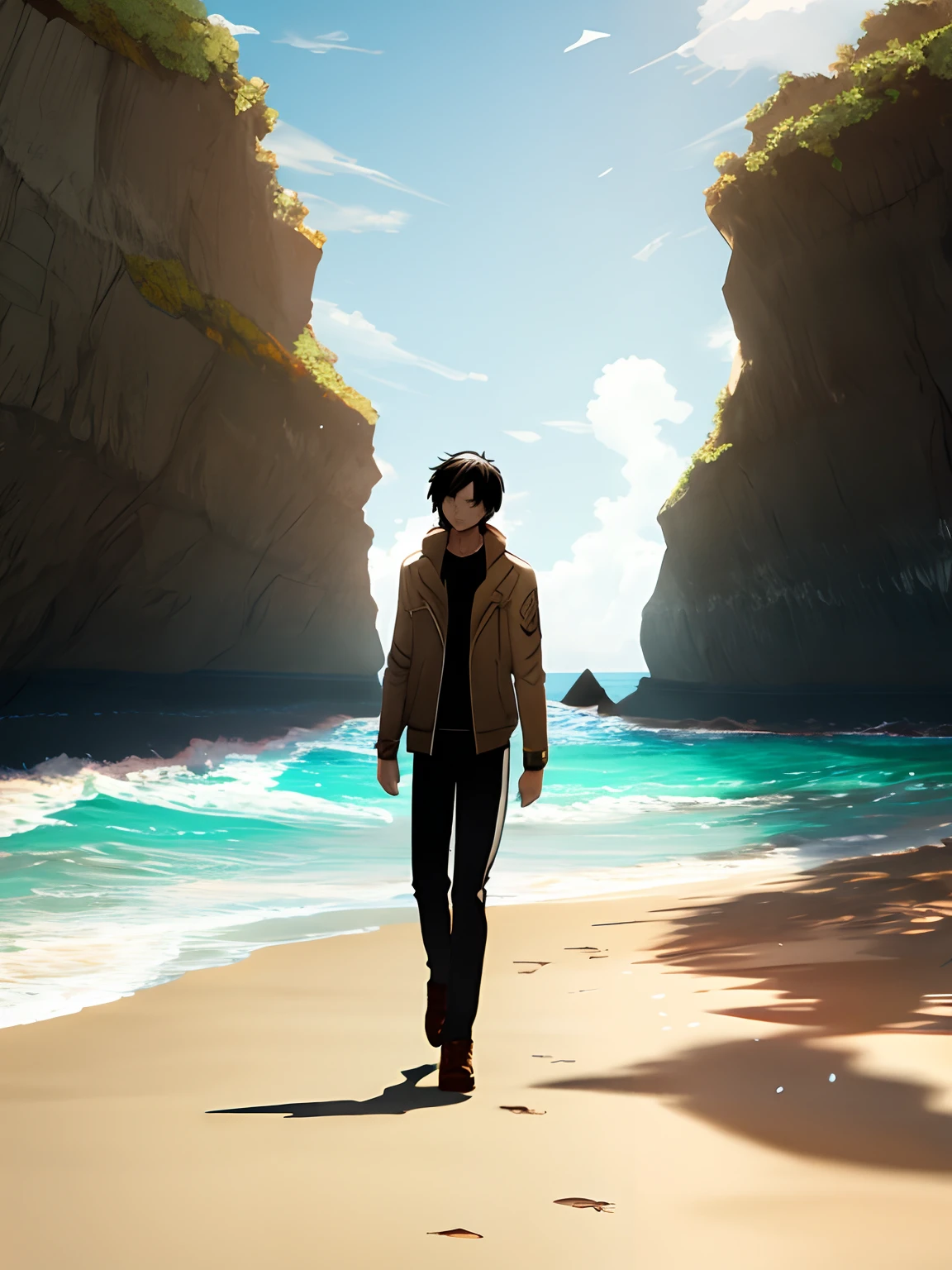 Eren Jaeger walking along the beach