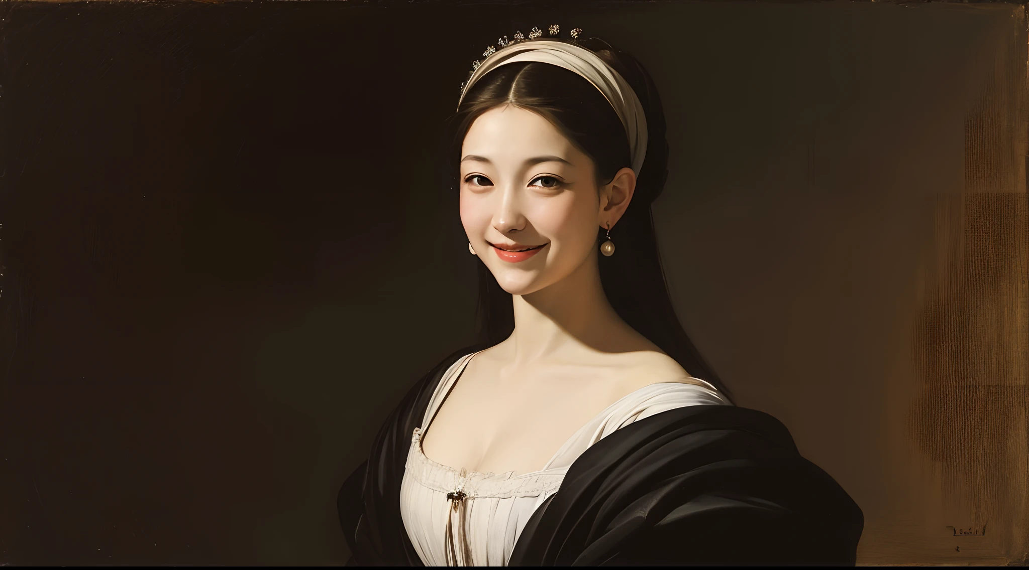 masterpiece, best quality, a perfect face, a kawaii face,1girl, black hair, mona lisa, close shot, 8k, in the style of Leonardo da Vinci, oil painting, a perfect face, a kawaii face