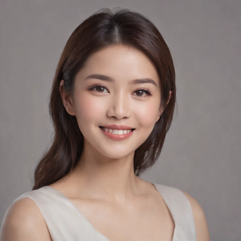 (photo: 1.3) af (realistic: 1.3), East Asian woman, soft light, clear face, happy, cheerful, smiling, warm light, ((gray-white gradient background)), (background)). ((gray wall background))) avatar, (long or short hair), smile, handsome, young,, short hair, smile, ((close-up))
