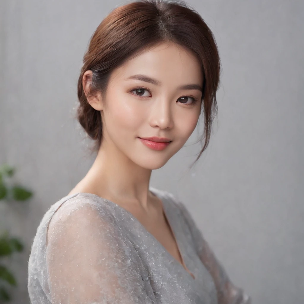 (photo: 1.3) af (realistic: 1.3), East Asian woman, soft light, clear face, happy, cheerful, warm light, ((gray-white gradient background)), (background)). ((gray wall background))) avatar, (long or short hair), smile, handsome, young,short hair,((close-up))