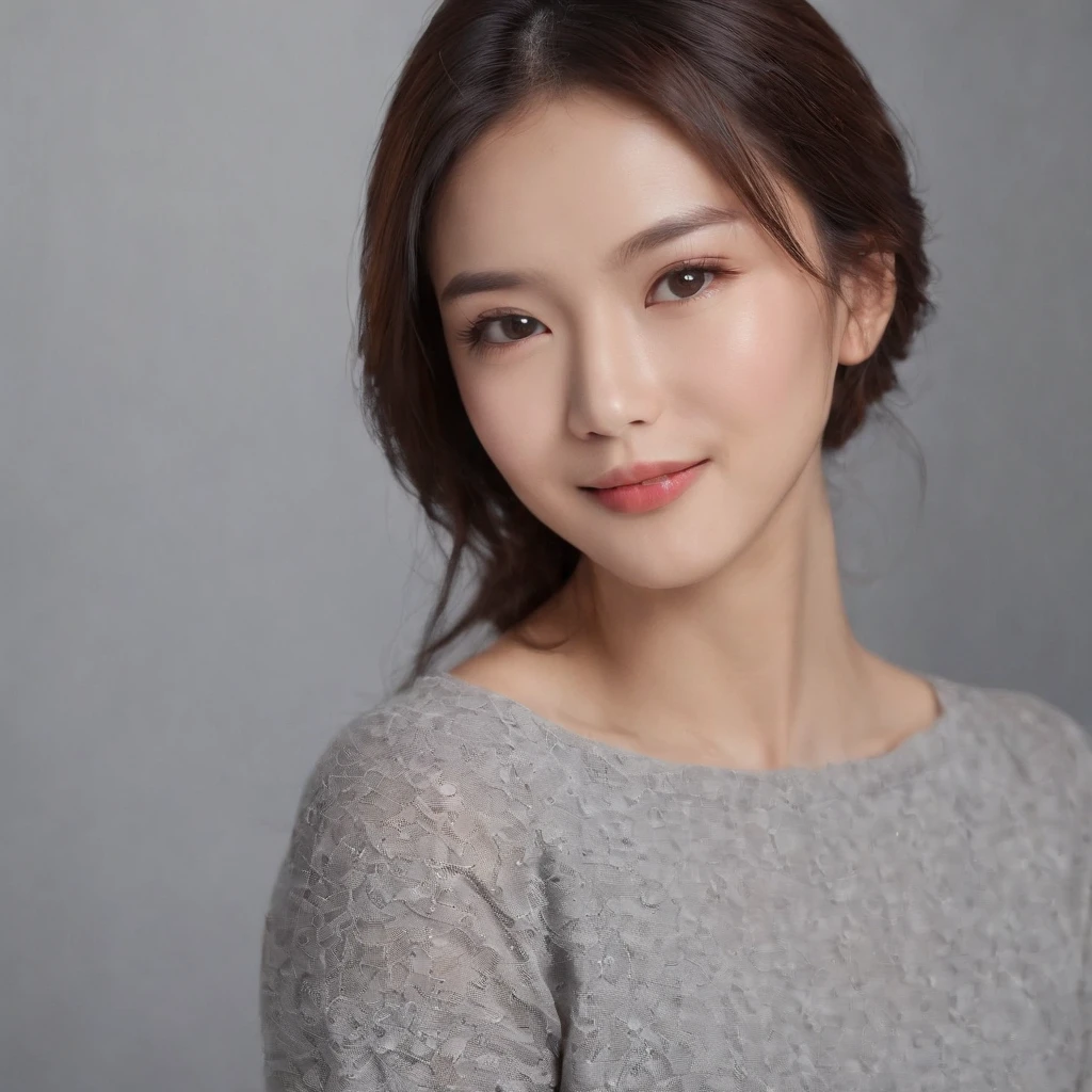 (photo: 1.3) af (realistic: 1.3), East Asian woman, soft light, clear face, happy, cheerful, warm light, ((gray-white gradient background)), (background)). ((gray wall background))) avatar, (long or short hair), smile, handsome, young,short hair,((close-up))