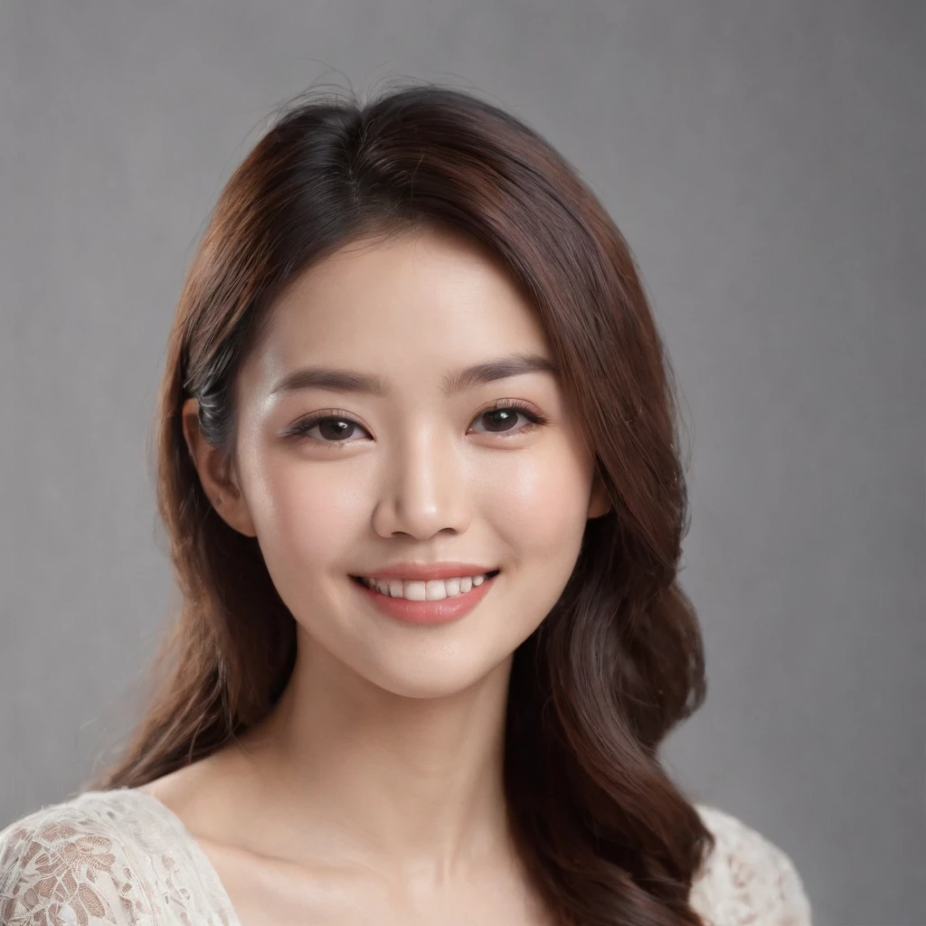 (photo: 1.3) af (realistic: 1.3), East Asian woman, soft light, clear face, happy, cheerful, warm light, ((gray-white gradient background)), (background)). ((gray wall background))) avatar, (long or short hair), smile, handsome, young,short hair,((close-up))