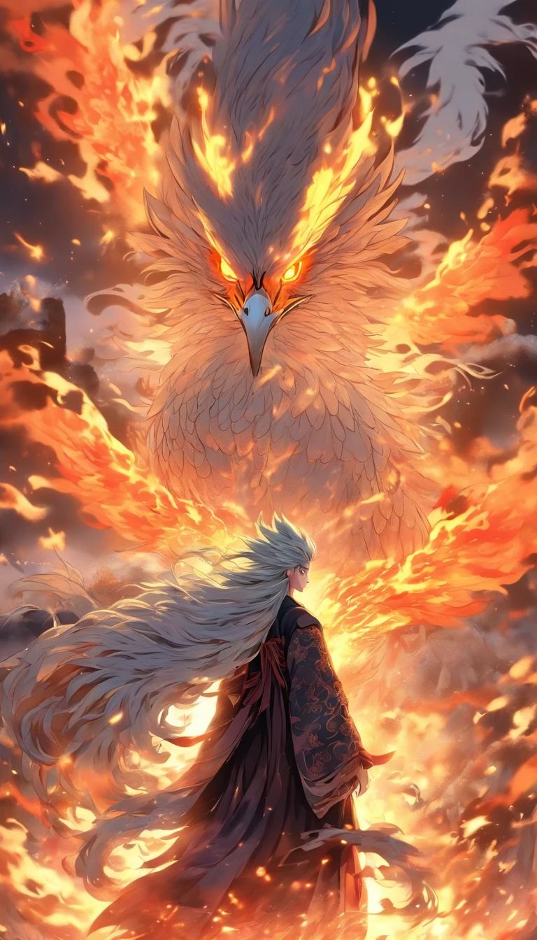 China-style,中景 the scene is,The Taoist priest stood in front of the huge fire-winged phoenix,Stretch your hands,Long messy hair,Glow effects,Hyper-realistic,Ultra photo realsisim,Chinese black and white ink style,Silver,Decolorization,Smudge,ink,8K,super-fine,high qulity,OC renderer