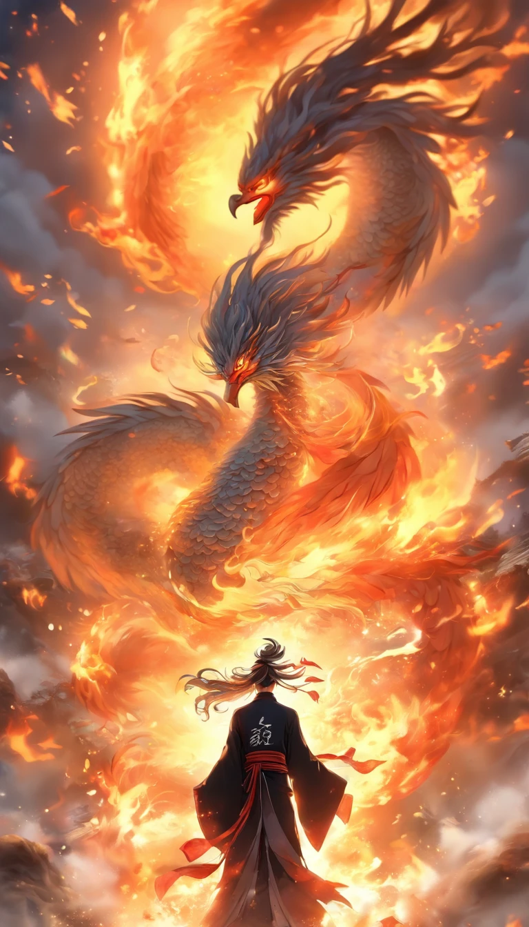 China-style，中景 the scene is，The Taoist priest stood in front of the huge fire-winged phoenix，Stretch your hands，Long messy hair，Glow effects，Hyper-realistic，Ultra photo realsisim，Chinese black and white ink style，Silver，Decolorization，Smudge，ink，8K，super-fine，high qulity，OC renderer