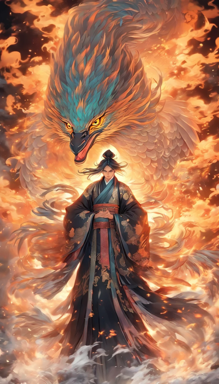 China-style，中景 the scene is，The Taoist priest stood in front of the huge fire-winged phoenix，Stretch your hands，Long messy hair，Glow effects，Hyper-realistic，Ultra photo realsisim，Chinese black and white ink style，Silver，Decolorization，Smudge，ink，8K，super-fine，high qulity，OC renderer