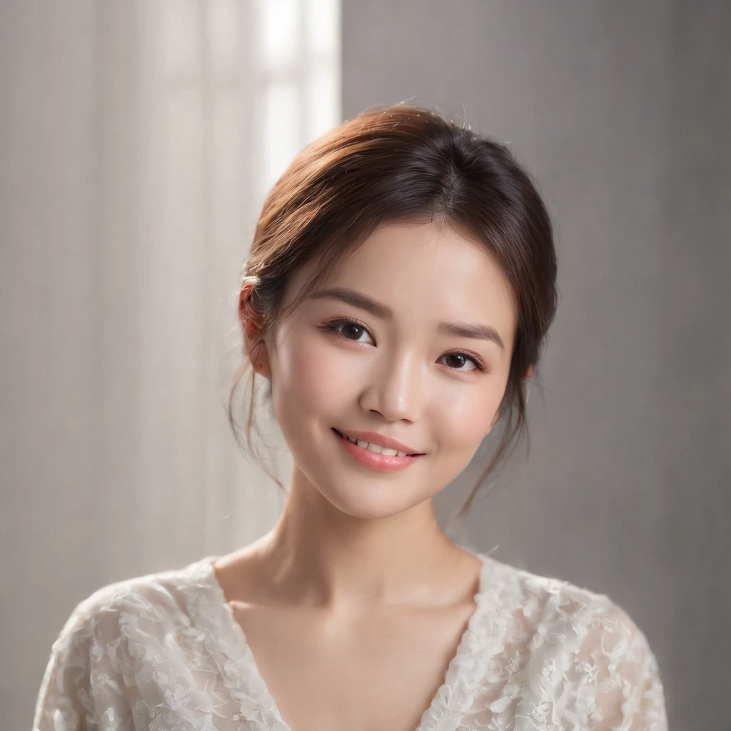 (photo: 1.3) af (realistic: 1.3), East Asian woman, soft light, clear face, happy, cheerful, smiling, warm light, ((gray-white gradient background)), (background)). ((gray wall background))) avatar, (long or short hair),handsome, young,, short hair, ((close-up))