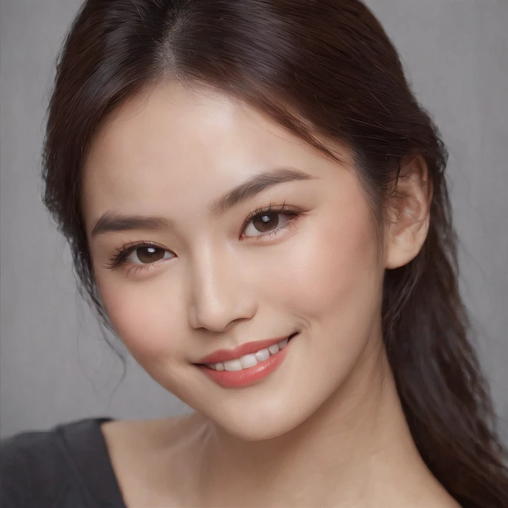 (photo: 1.3) af (realistic: 1.3), East Asian woman, soft light, clear face, happy, cheerful, smiling, warm light, ((gray-white gradient background)), (background)). ((gray wall background))) avatar, (long or short hair),handsome, young,, short hair, ((close-up))