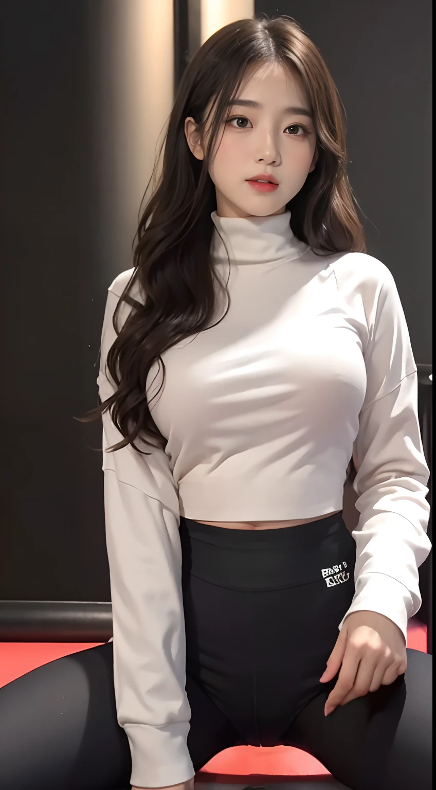 1 人、Mix 4、High Neck Long Sleeve Yoga Wear、Long pants leggings、very large breast:2.0、s lips、Opening Mouth、realisitic、a picture_\(Curly\)、独奏、(masterpiece)、(Photorealsitic:1.3)、ultra-detailliert、(high detal)The skin:1.2)、(top-quality:1.0)、(超A high resolution:1.0)、(Orchan-6500:0.3)、Wavy detailed hair、length hair、rays of sunshine、(Beautiful detailed makeup)、(sexual excitement、red blush、Rough breathing:1.0) )、(Being in the gym、Power Rack、Black walls)、Spread your legs apart