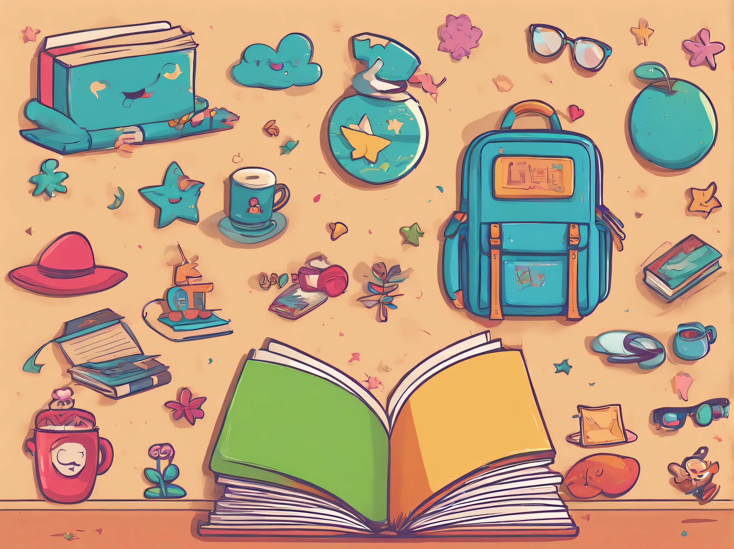 （high dynamic range）livro, livros infantil, magical books, livro escolar、[[umlivro magico, infantil ]]、（ultra-detalhada）Magic Book with Magic Words、Desenho animado、Wind illustration, arte dos desenhos animados, arte dos desenhos animados, in digital illustration style, design de personagem altamente detalhado,design de personagem retrato, beautiful digital illustrations, retrato de alta qualidade, arte dos desenhos animados, Retrato de um design de personagem, books