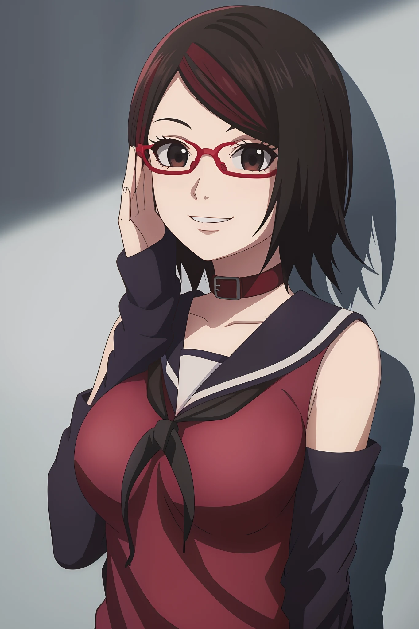 1girl, masterpice, high quality, best quality, good anime picture, misaki, ((school uniform)), ((serafuku)), glasses, twin braids, ((collar)), hair ornament, upper body, big breasts, dynamic light and shadows, smile, (adjusting eyewear:1.2), multicolor outfit, black hair, red suit