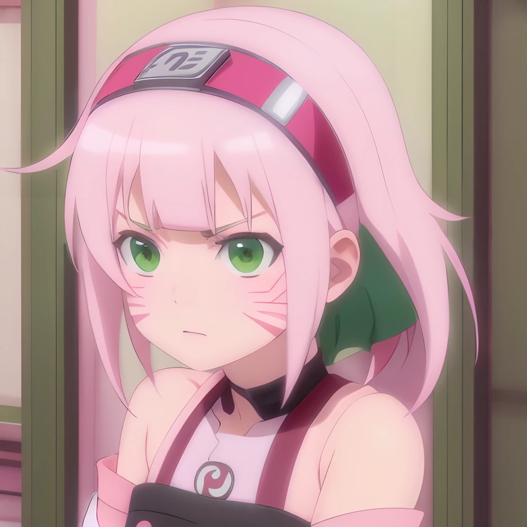 Sakura 4_Rhys, Boruto: naruto next generations, naruto shippuuden , 1girll, bangs, face markings, Green eyes, Parted bangs, Pink hair, red hairband, Bra, Short hair, Solo, Upper body ((Masterpiece))